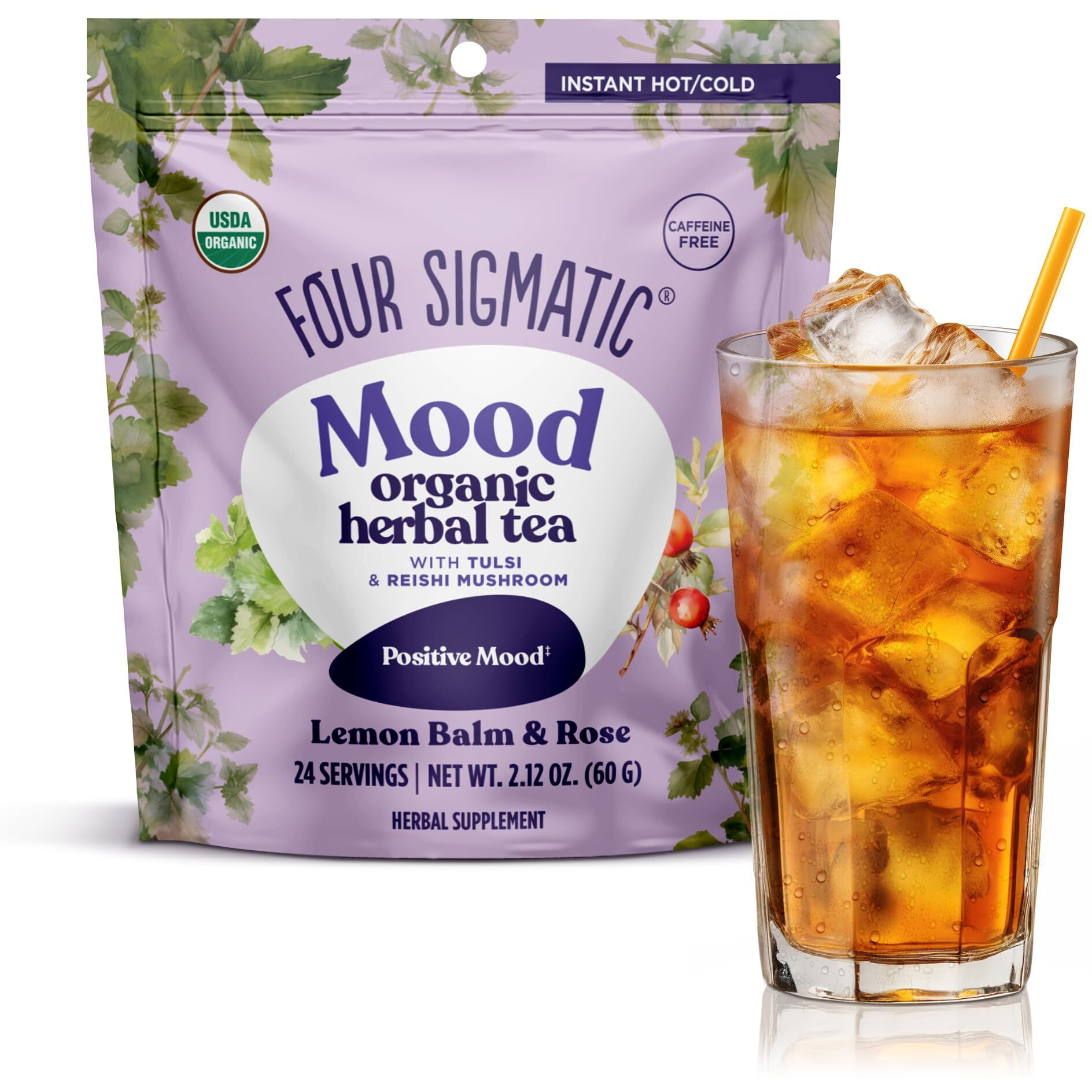 Four Sigmatic Mood Organic Herbal Tea | Enhance Emotional Well-Being With Tulsi & Reishi Tea | Calming Lemon Balm Tea W/Adaptogens | Vegan, Gluten-Free | Lemon Balm & Rose, 24 Servings