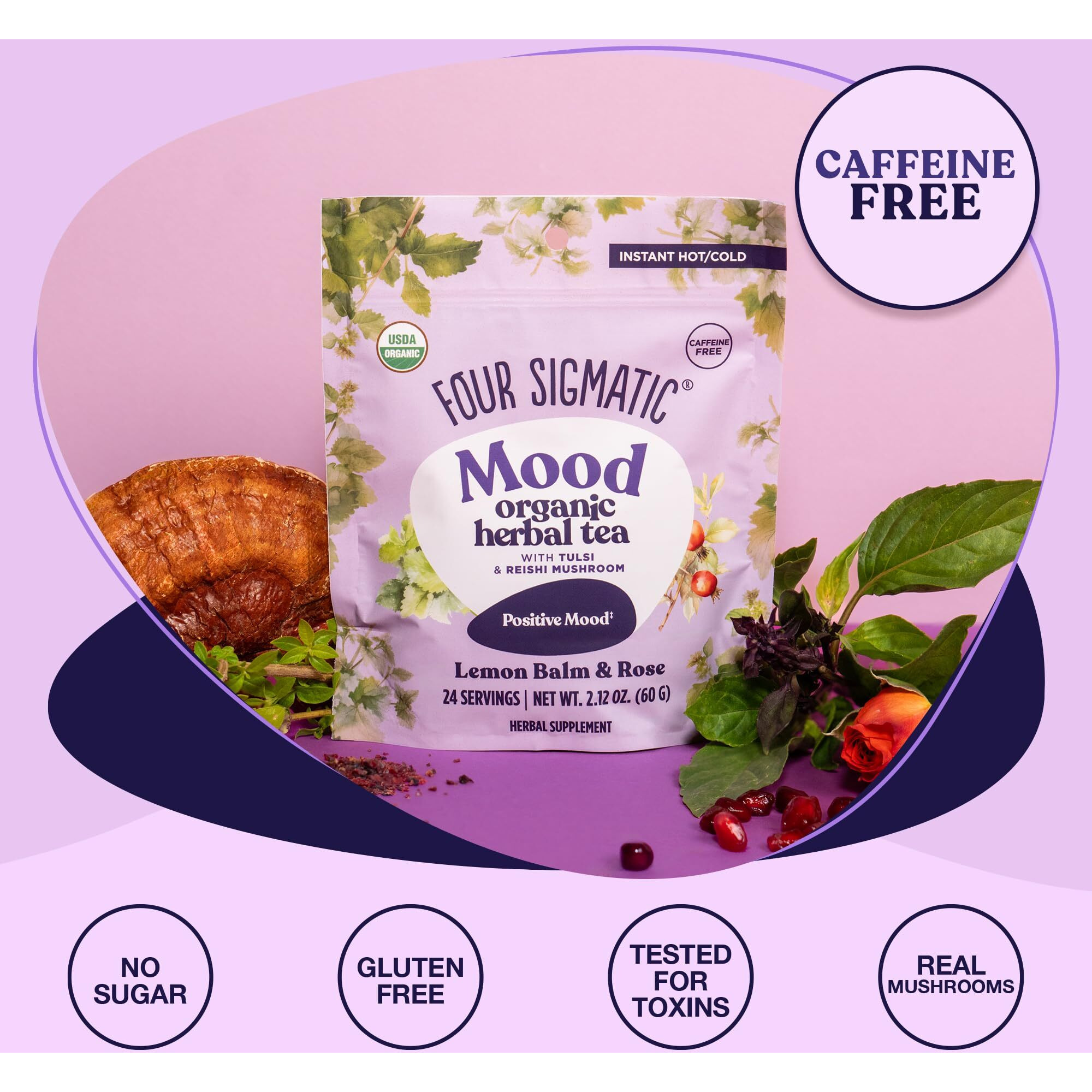 Four Sigmatic Mood Organic Herbal Tea | Enhance Emotional Well-Being With Tulsi & Reishi Tea | Calming Lemon Balm Tea W/Adaptogens | Vegan, Gluten-Free | Lemon Balm & Rose, 24 Servings