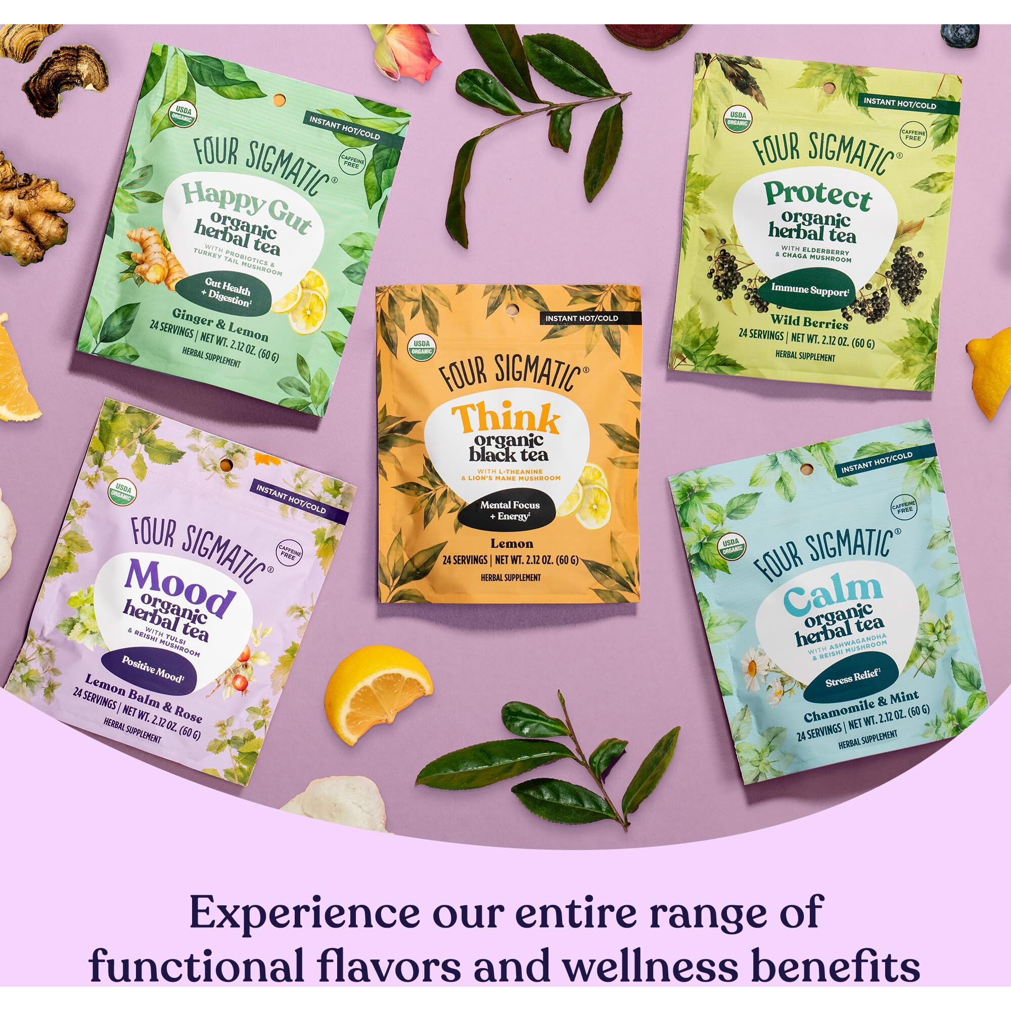 Four Sigmatic Mood Organic Herbal Tea | Enhance Emotional Well-Being With Tulsi & Reishi Tea | Calming Lemon Balm Tea W/Adaptogens | Vegan, Gluten-Free | Lemon Balm & Rose, 24 Servings