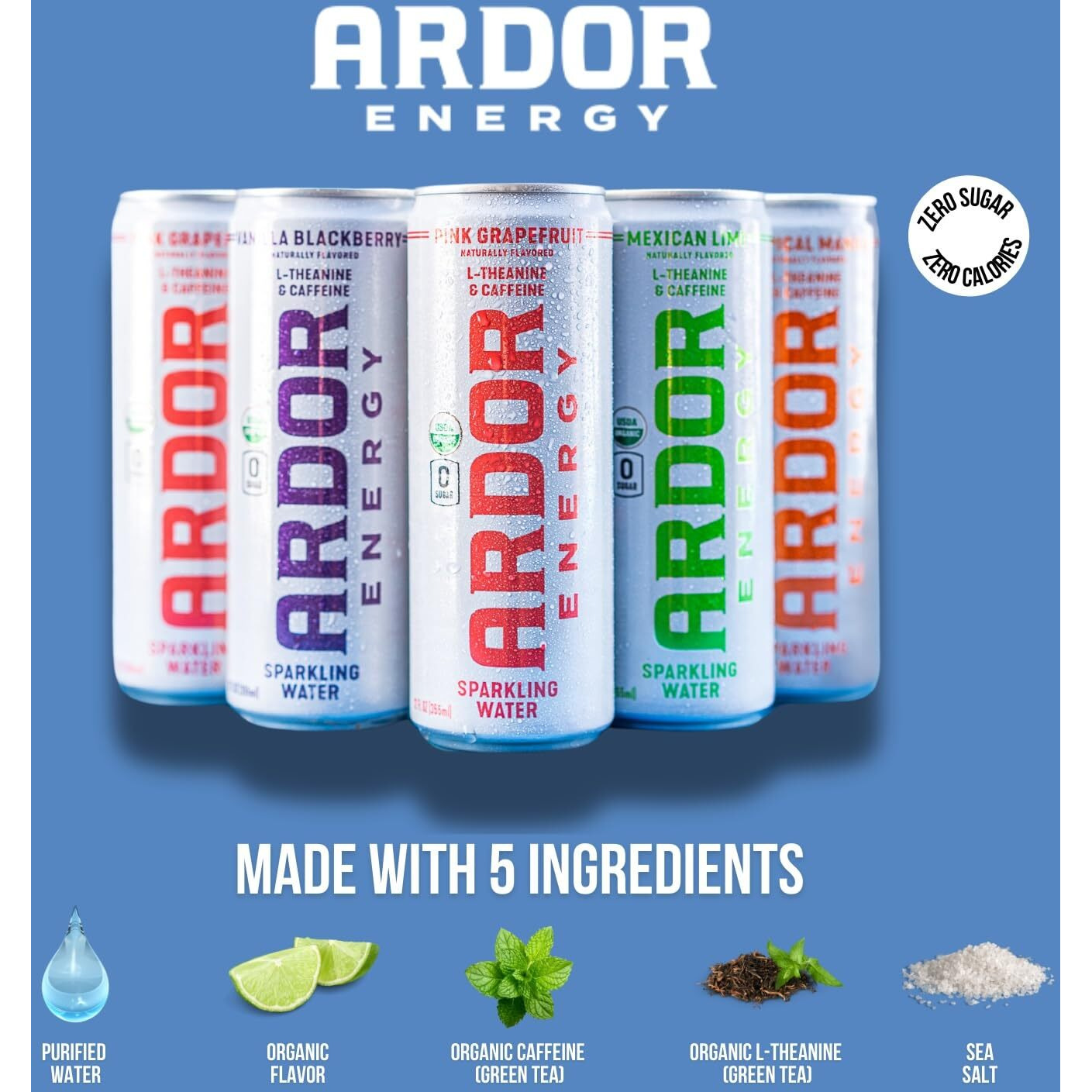 Ardor Energy Sparkling Water Blueberry Pom 12 Pack With 100Mg Organic Caffeine From Green Tea & 200Mg Organic L-Theanine (Focus & Calm). No Sugar. No Calories. Vegan. Gluten Free.