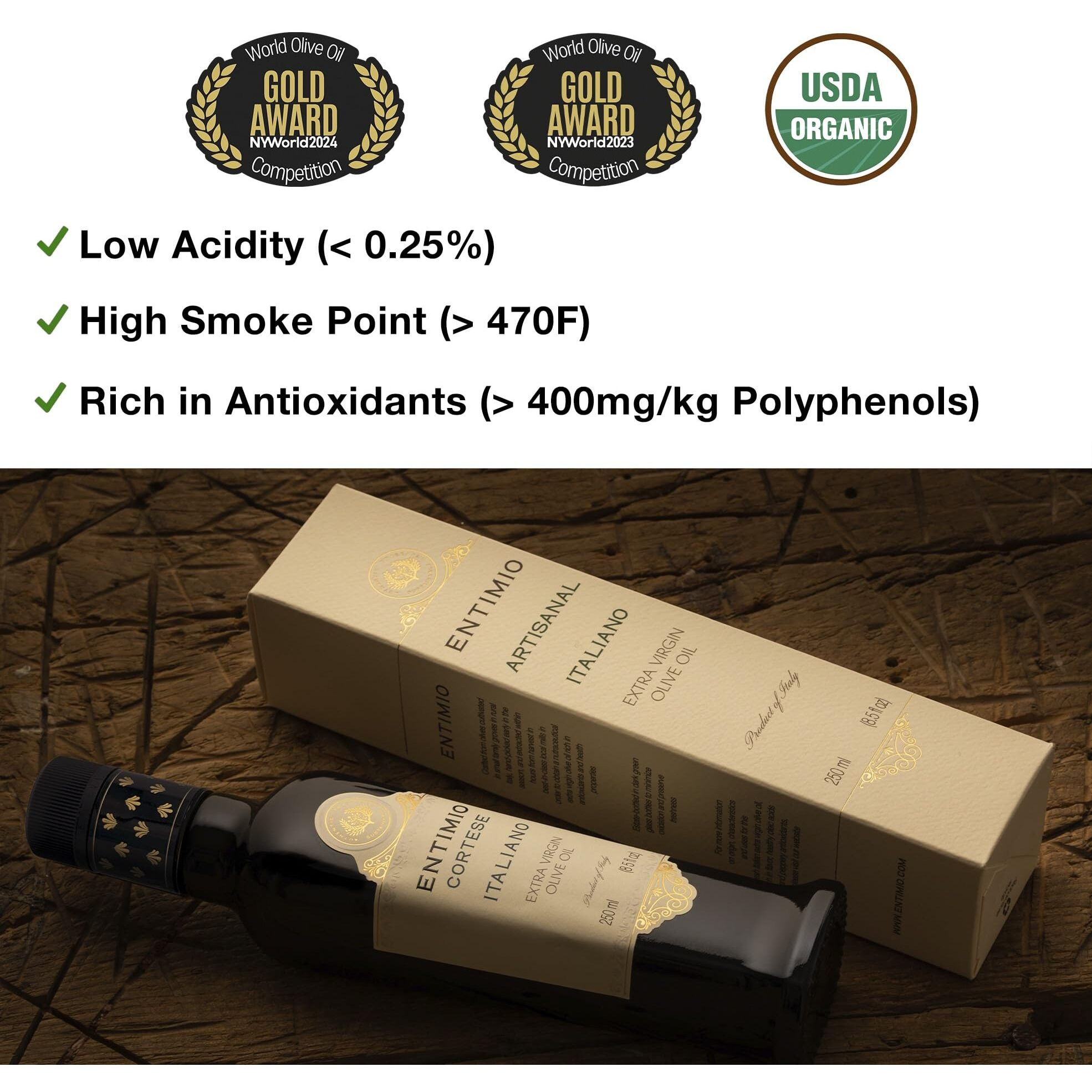 Entimio Cortese - Tuscany Medium Extra Virgin Olive Oil Organic, Italian Olive Oil From Italy, 2024 Gold Award Winner, 400+ Mg/Kg Polyphenol Rich Olive Oil - Early Harvest, Cold Pressed - 8.5 Fl Oz