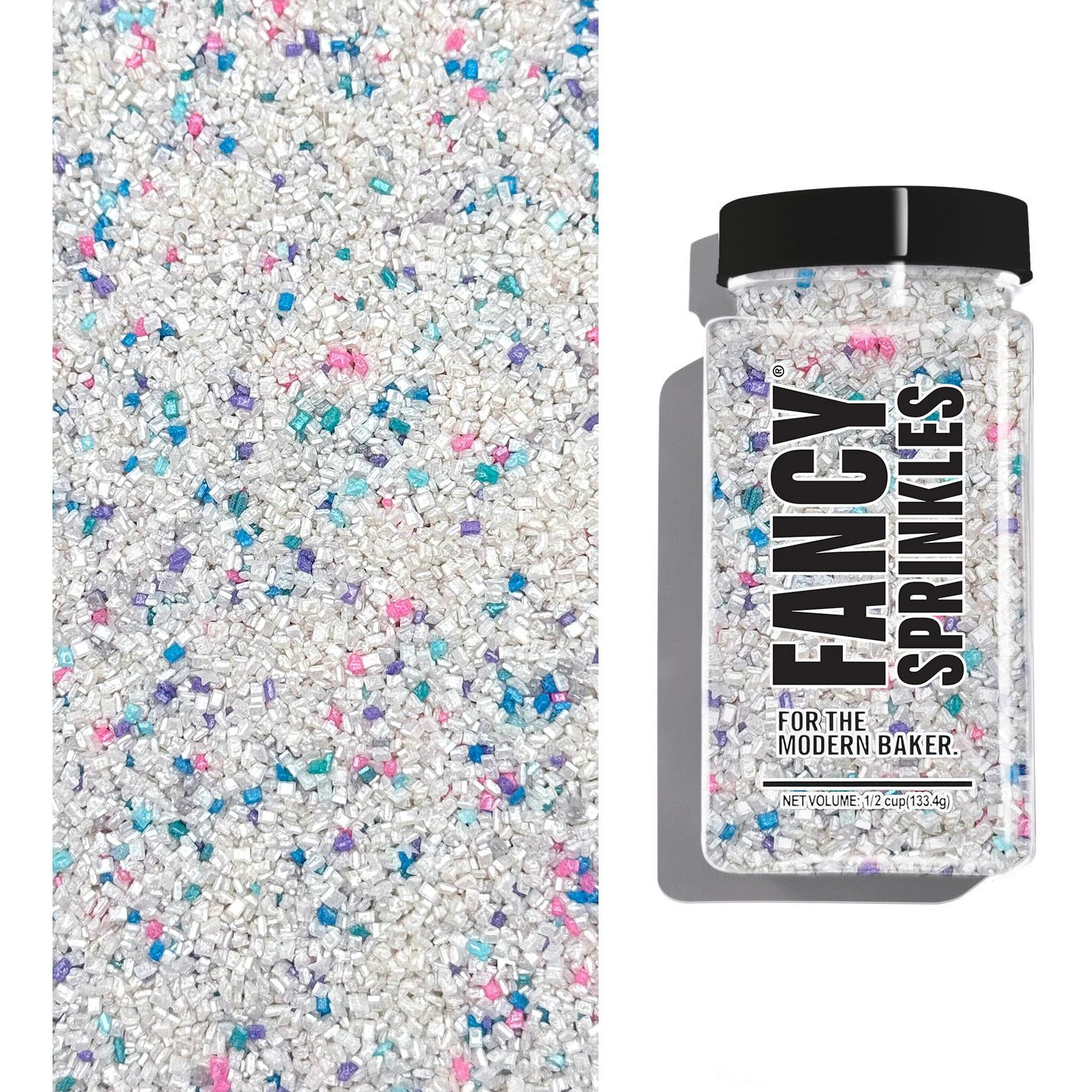 Fancy Sprinkles Unicorn Breath Fancy Sugar Pearlescent White Sugar Crystals Flecked With Blue, Purple, Pink, And Teal Sugars, And Silver Mini Edible Glitter Stars (0.5C)