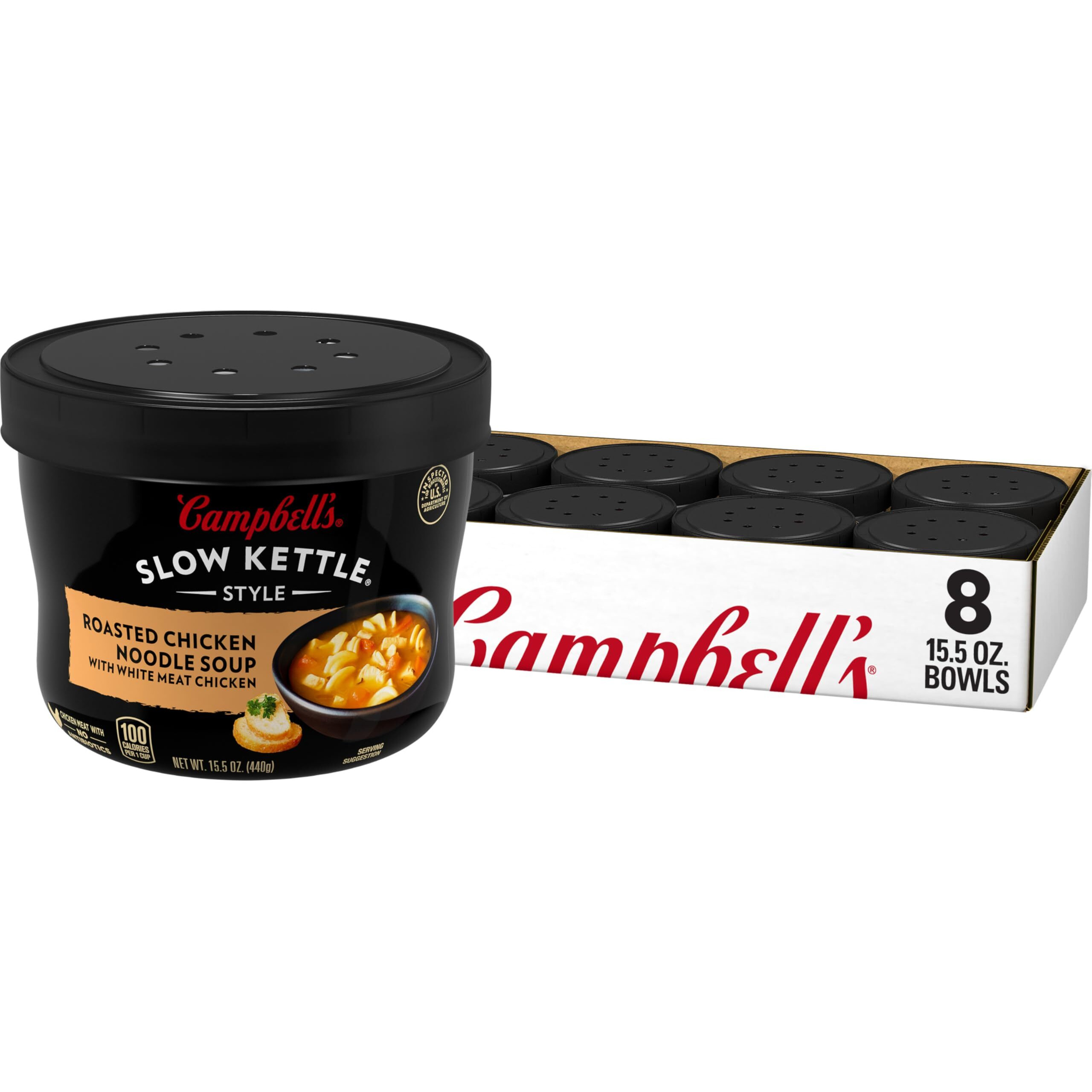 Campbell's Slow Kettle Style Roasted Chicken Noodle Soup With White Meat Chicken, 15.5 Oz. Tub (Case Of 8)