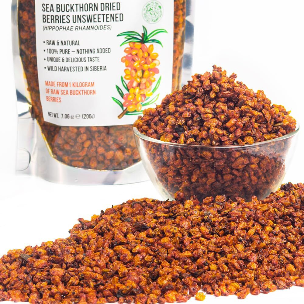 Siberian Sea Buckthorn Dried Berries 7.06 Oz (200 G) Unsweetened 100% Raw Natural Wild Harvested Hippophae Fruit, No Additives, High Omega-7, Sports Bars, Yogurt, Smoothie, Snacks