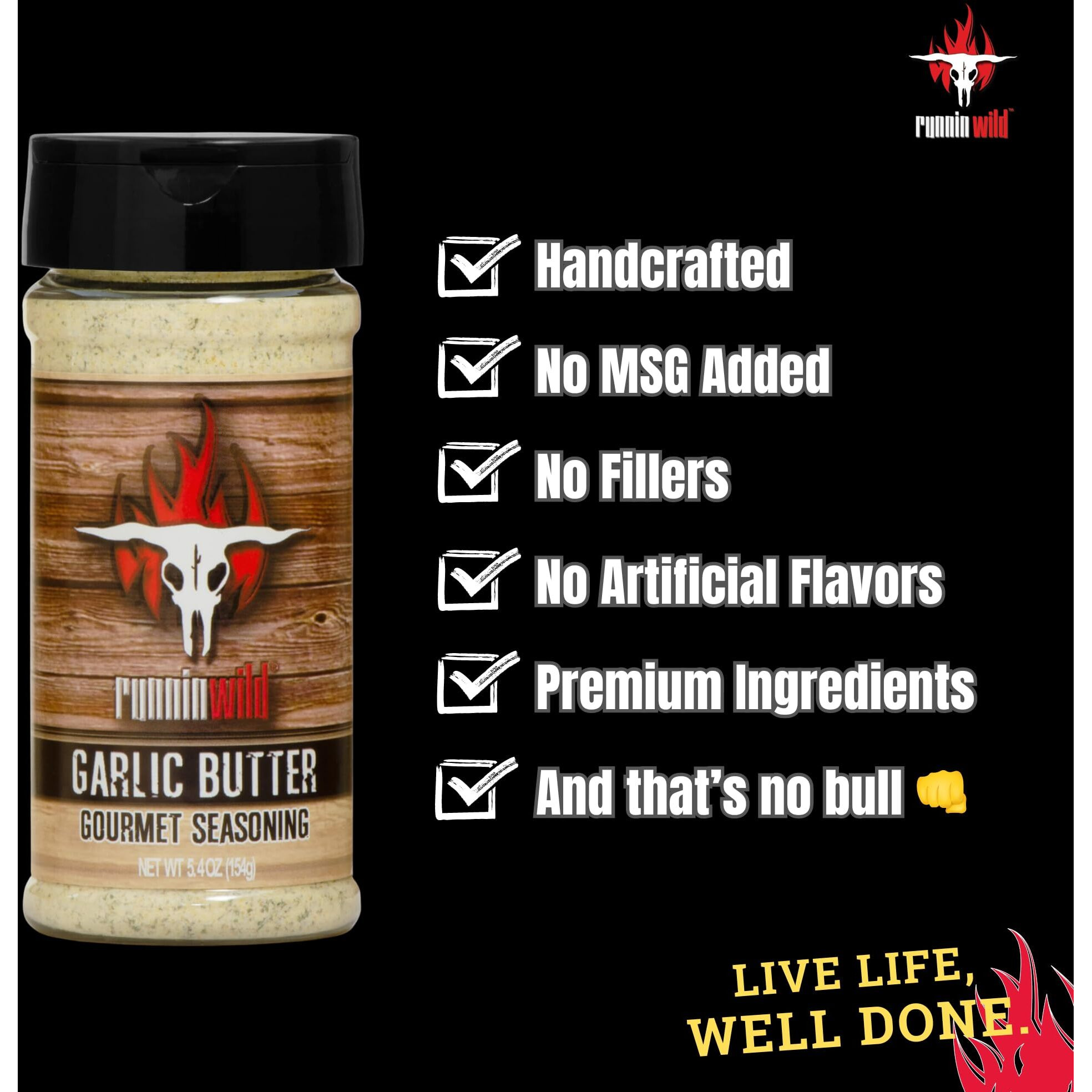 Gourmet Garlic Butter Seasoning | No Artificial Flavors And No Msg Added | Premium Spice For Ribs, Chicken, Pork, Pasta, Just About Anything | Runnin Wild Foods, 5.4 Ounces