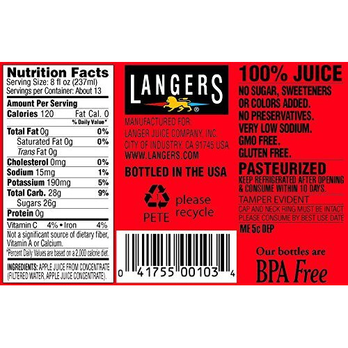 Langers 100% Juice, Apple, 101.4 Ounce (Pack Of 4)