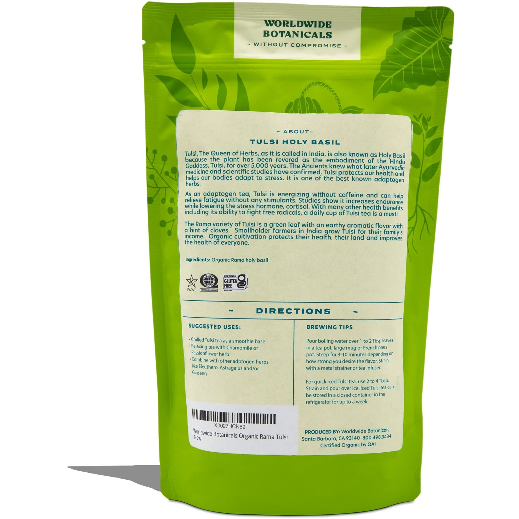 Worldwide Botanicals Organic Holy Basil Tea - Tulsi Rama - Loose Leaf Premium Herbal Tea, 100% Pure Tulsi Holy Basil, Fair Trade, Adaptogenic Tea, Kosher, 8 Ounces