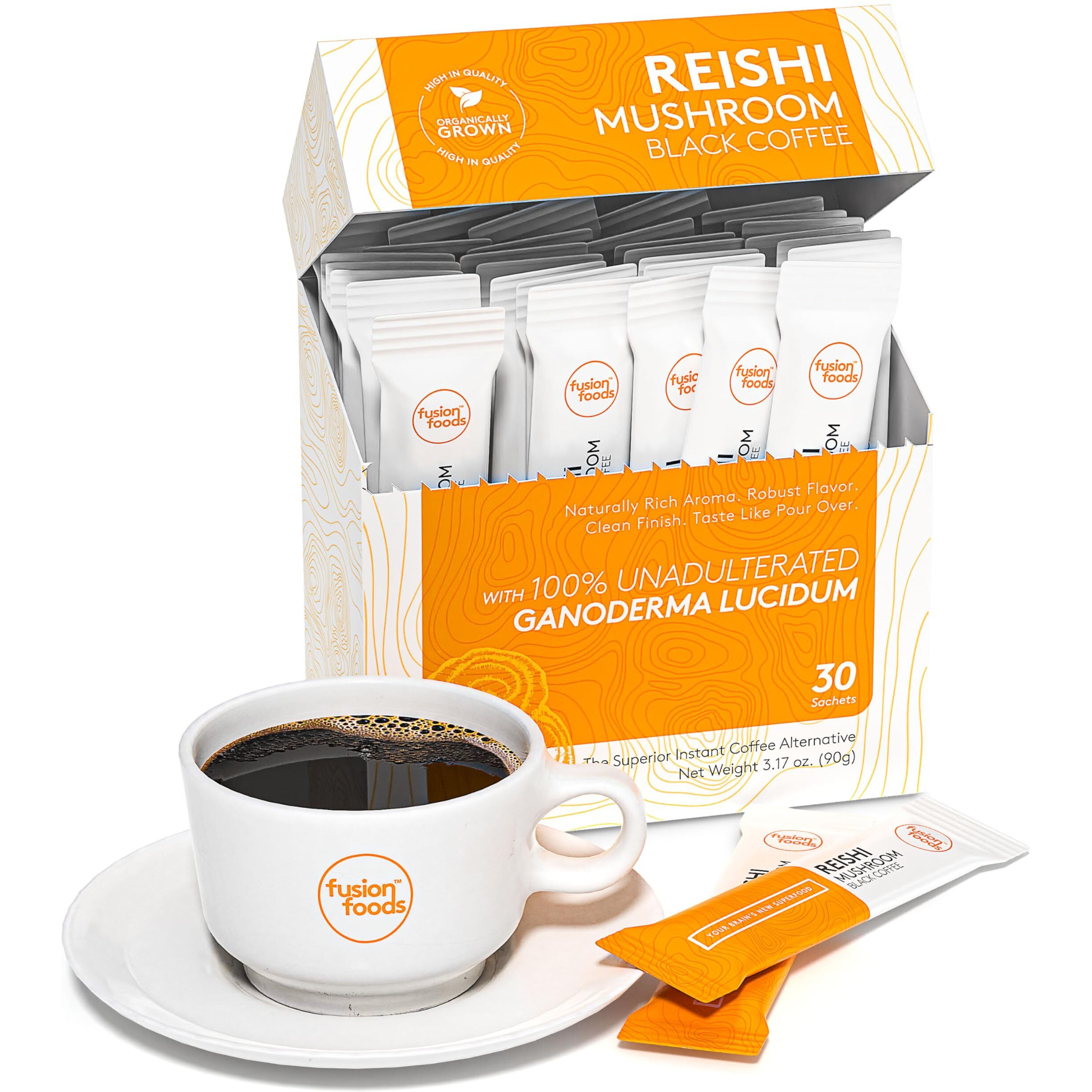 Reishi Mushroom Black Coffee By Fusion Foods | All Natural Unadulterated Reishi Mushroom Ganoderma | Robust Aroma & Taste - 30 Counts