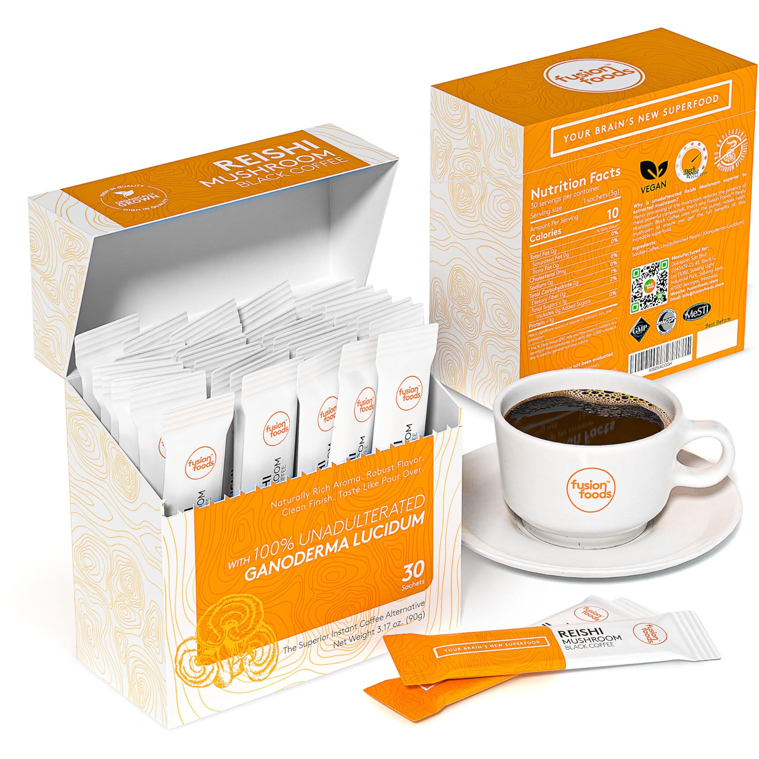 Reishi Mushroom Black Coffee By Fusion Foods | All Natural Unadulterated Reishi Mushroom Ganoderma | Robust Aroma & Taste - 30 Counts