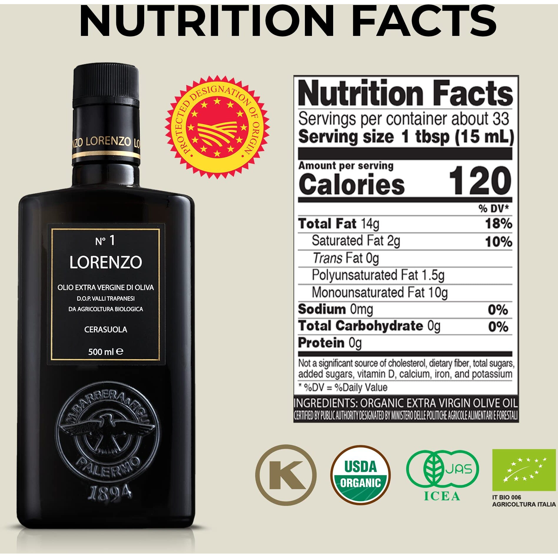 Barbera Lorenzo 1 Organic Extra Virgin Olive Oil Pdo Valli Trapanesi, Fruity, Cold Extracted Authentic Sicilian Olive Oil, Fresh Harvest Imported Olive Oil From Italy 16.9 Oz - Pack Of 2