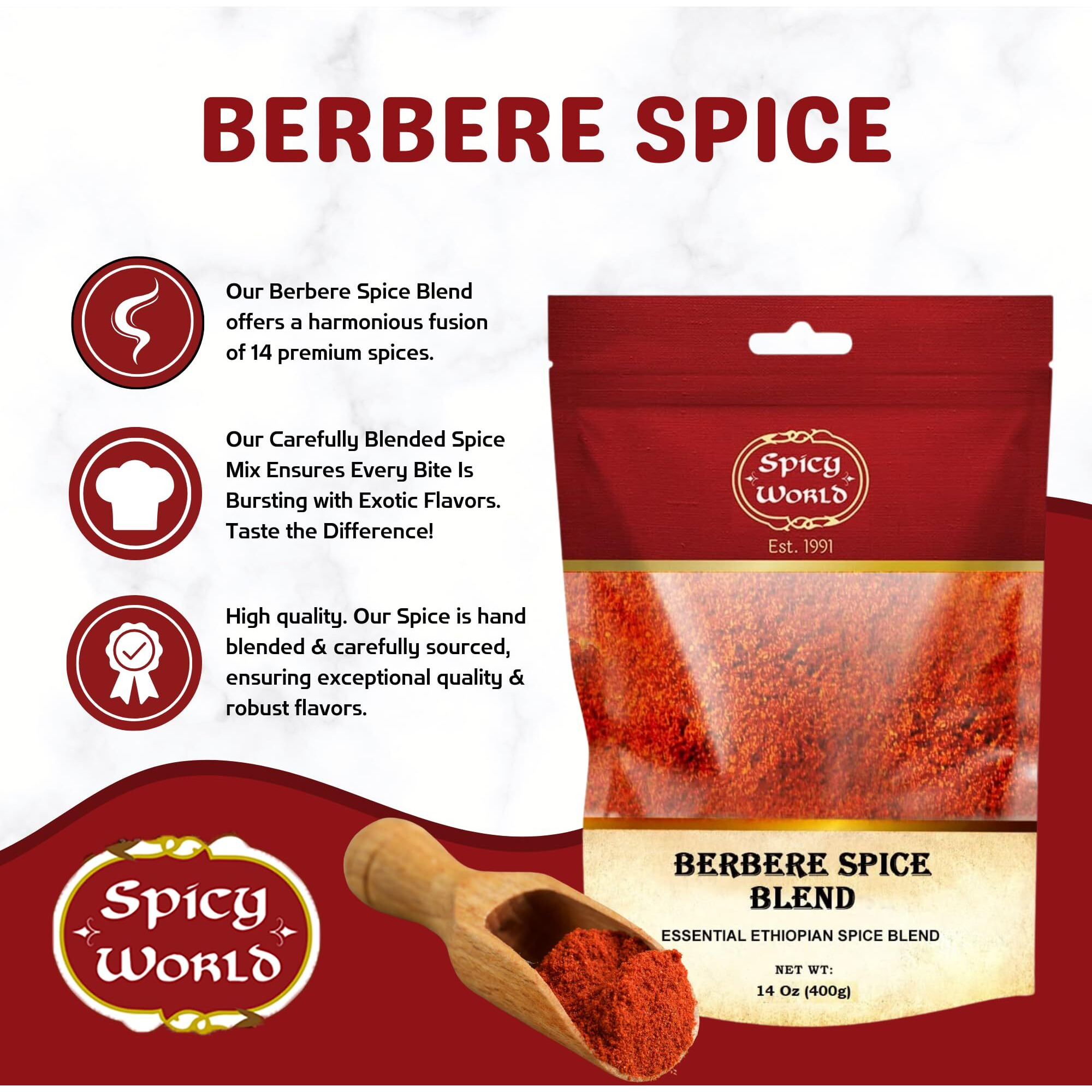 Spicy World Berbere Spice Blend | Authentic Ethiopian Seasoning Hand-Blended | Rich 14-Spice Mix For Flavorful Dishes (14 Oz)