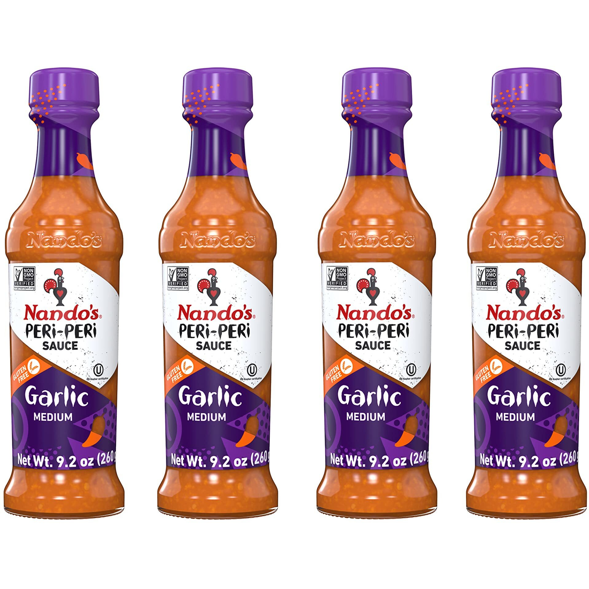 Nando's Peri Peri Garlic Sauce - Medium Heat Tangy Flavor | Gluten Free Hot Sauce, 9.1 Oz Bottles (4 Pack)
