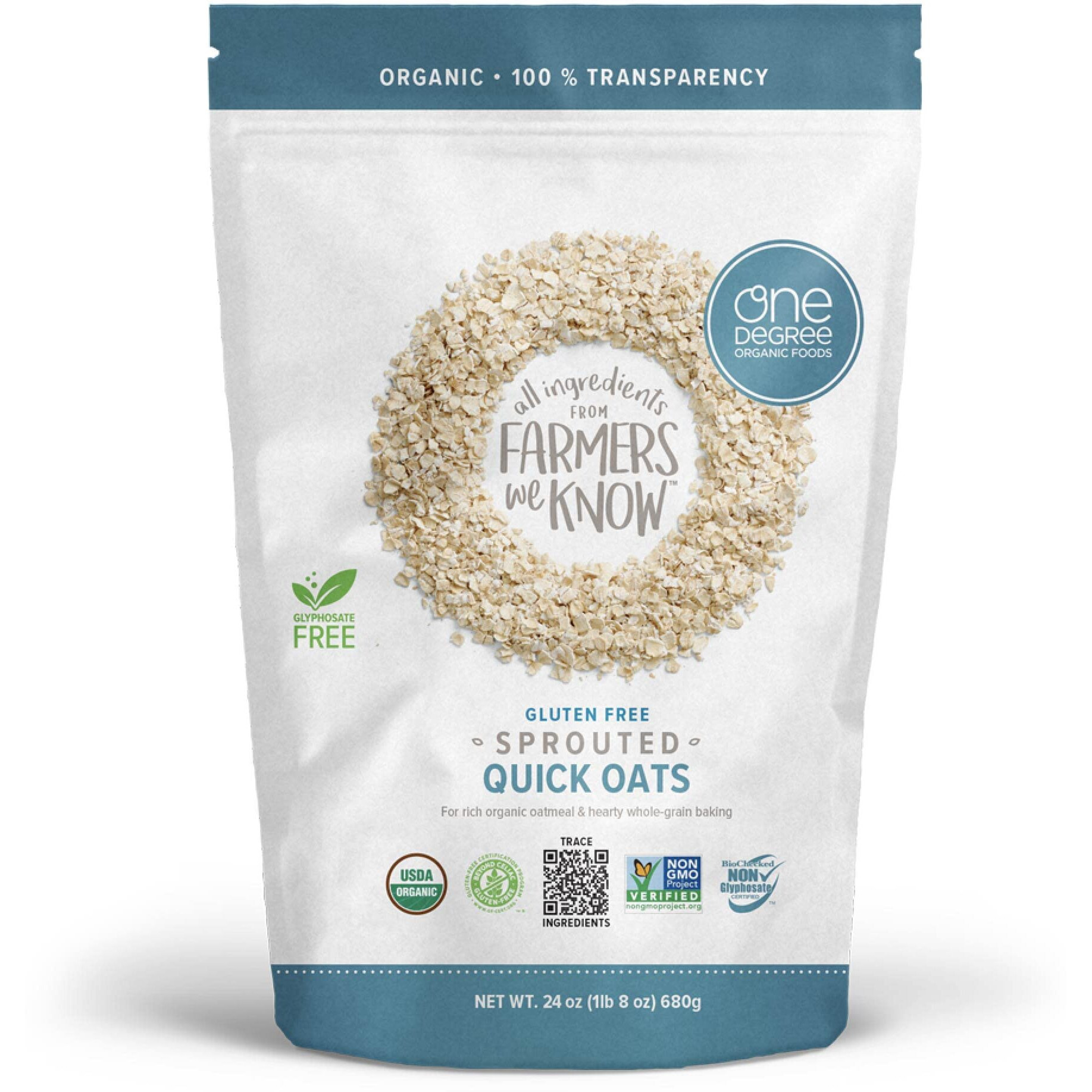 One Degree Organic Foods Sprouted Quick Oats, Usda Organic, Non-Gmo Gluten Free Oatmeal, 24 Oz., 8 Pack