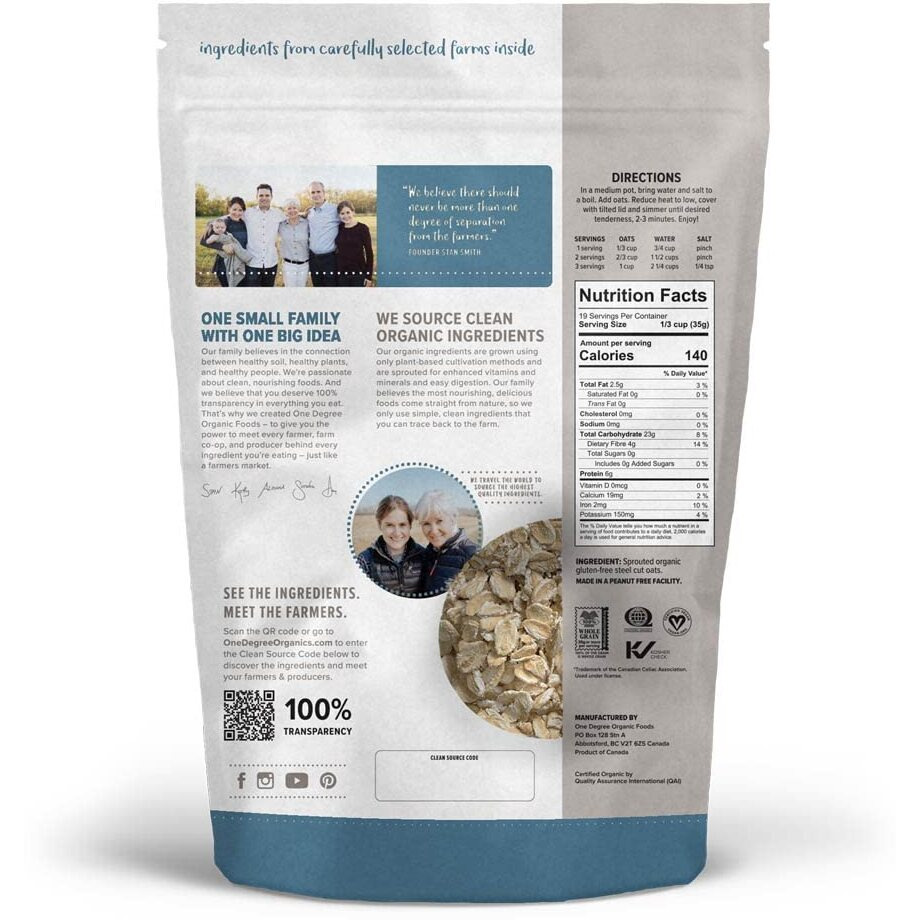 One Degree Organic Foods Sprouted Quick Oats, Usda Organic, Non-Gmo Gluten Free Oatmeal, 24 Oz., 8 Pack