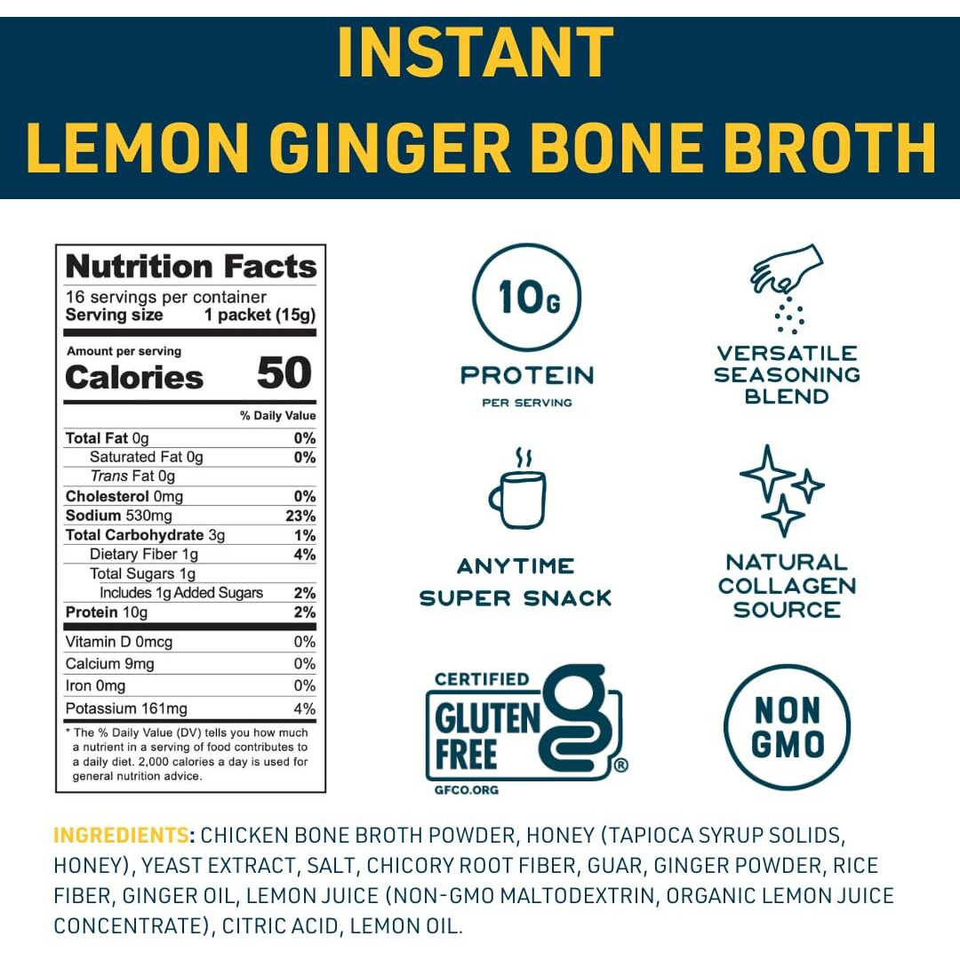 Bare Bones Bone Broth Instant Powdered Mix, Lemon Ginger, Pack Of 16, 15G Sticks, 10G Protein, Keto & Paleo Friendly Bone Broth Packets