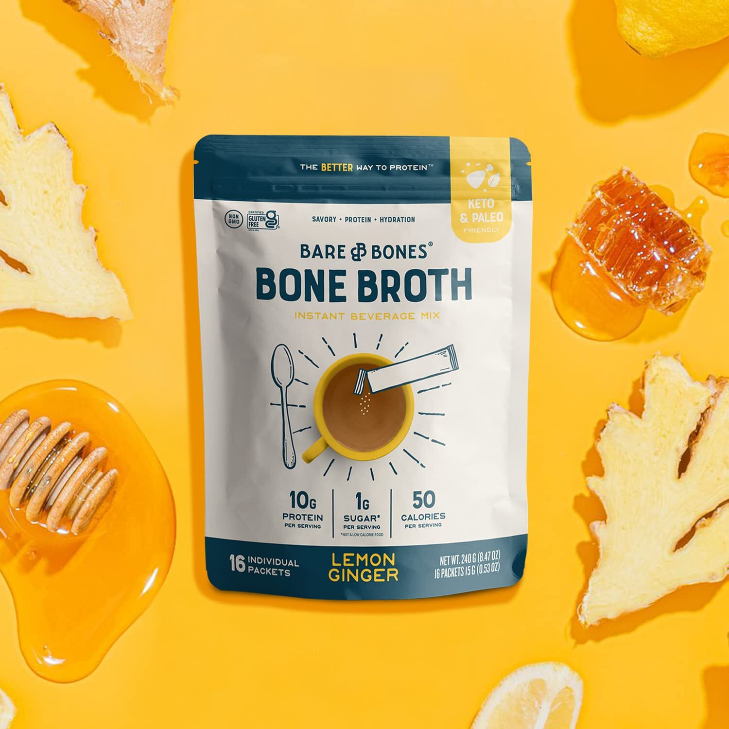 Bare Bones Bone Broth Instant Powdered Mix, Lemon Ginger, Pack Of 16, 15G Sticks, 10G Protein, Keto & Paleo Friendly Bone Broth Packets