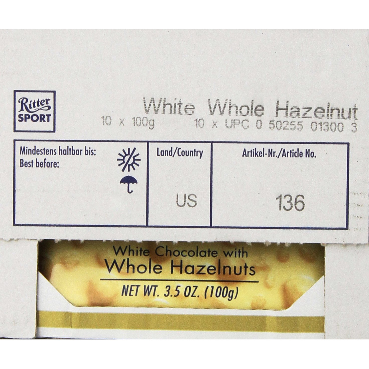 Ritter Sport White Chocolate With Whole Hazelnuts, 3.5 Ounce (Pack Of 10)