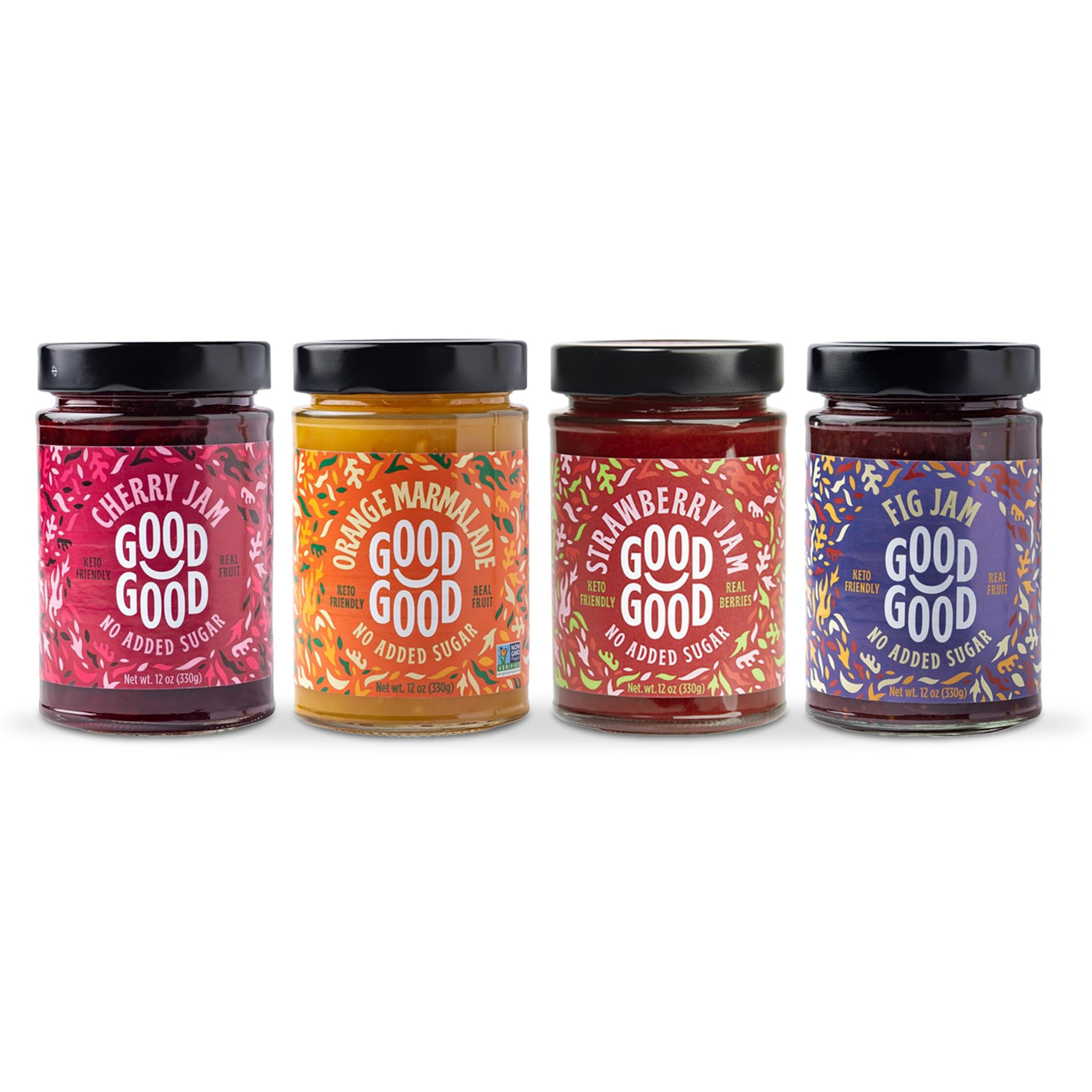 Good Good No Added Sugar Fruit Jam Variety Pack Of 4 - Keto Friendly Jelly - Strawberry, Cherry, Fig And Orange Marmalade Jam - Low Carb, Low-Calorie And Vegan - 12Oz / 330G Jars