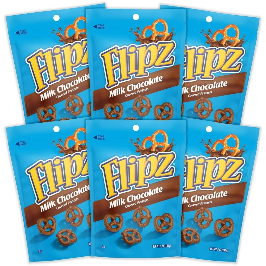 Flipz Milk Chocolate Covered Pretzels (5Oz, Pack Of 6), Perfect Sweet, Salty, & Crunchy Snack For Adults And Kids