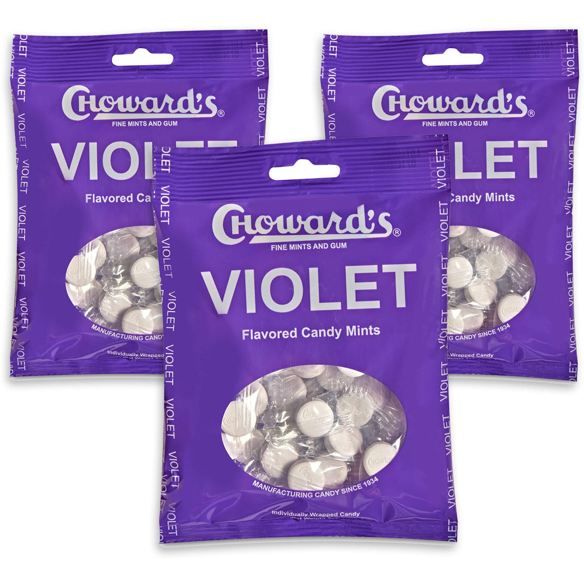 Choward's 3Oz Violet Candy Bags 3 Pack | 49 Pieces Individually Wrapped Candy Mints | Nostalgic Violet Candy Bags | Perfect For Snacks In Lunchboxes, Pockets, Goodie Bags, And Birthday Parties