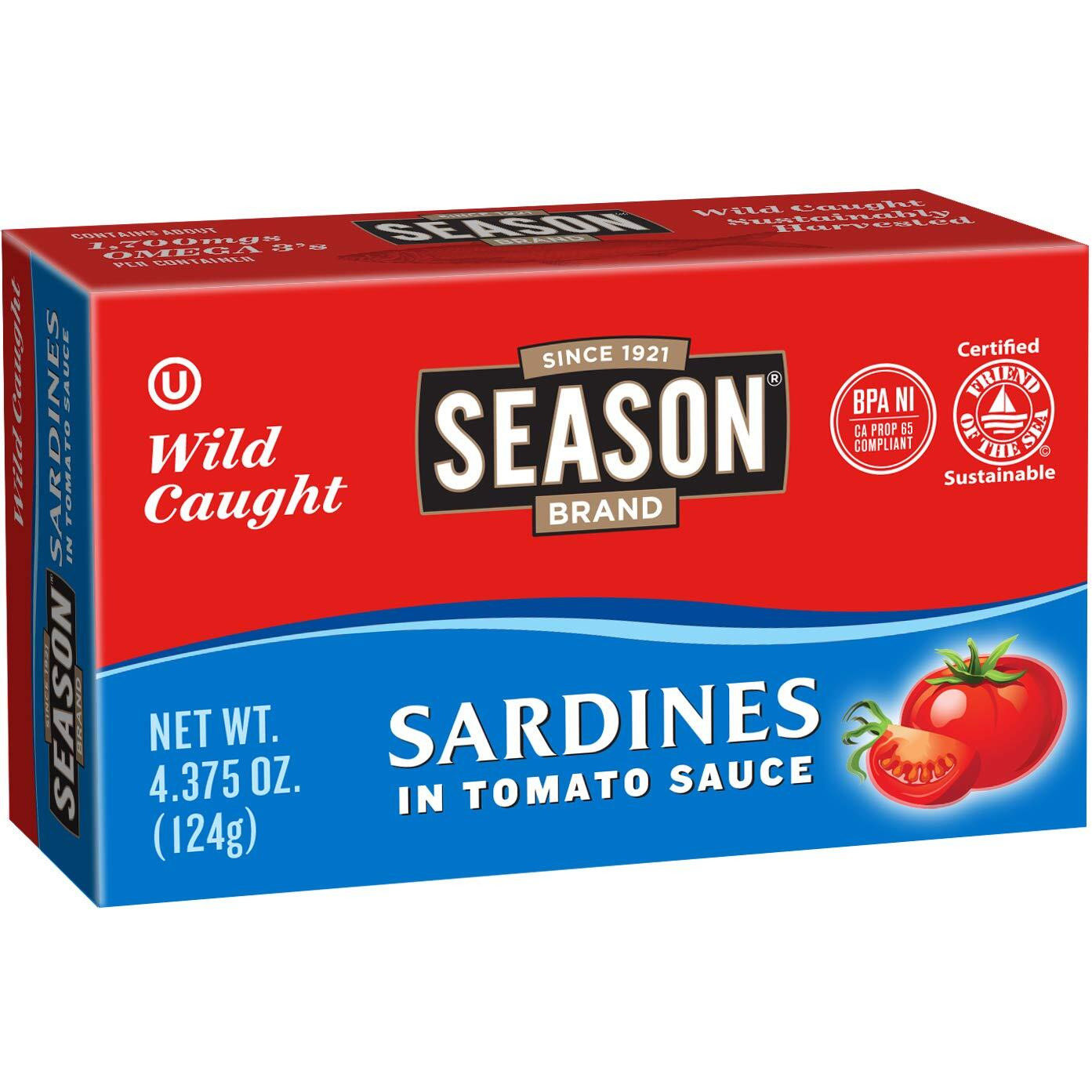 Season Sardines In Tomato Sauce - Wild Caught, 22G Of Protein, Keto Snacks, More Omega 3's Than Tuna, Kosher, High In Calcium, Canned Sardines - 4.37 Oz Tins, 12-Pack