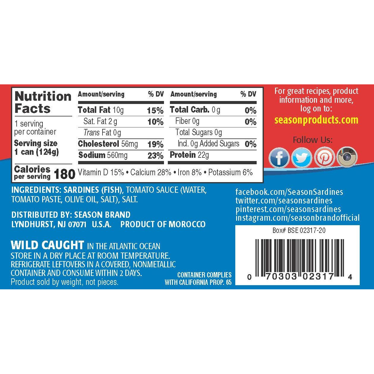 Season Sardines In Tomato Sauce - Wild Caught, 22G Of Protein, Keto Snacks, More Omega 3's Than Tuna, Kosher, High In Calcium, Canned Sardines - 4.37 Oz Tins, 12-Pack