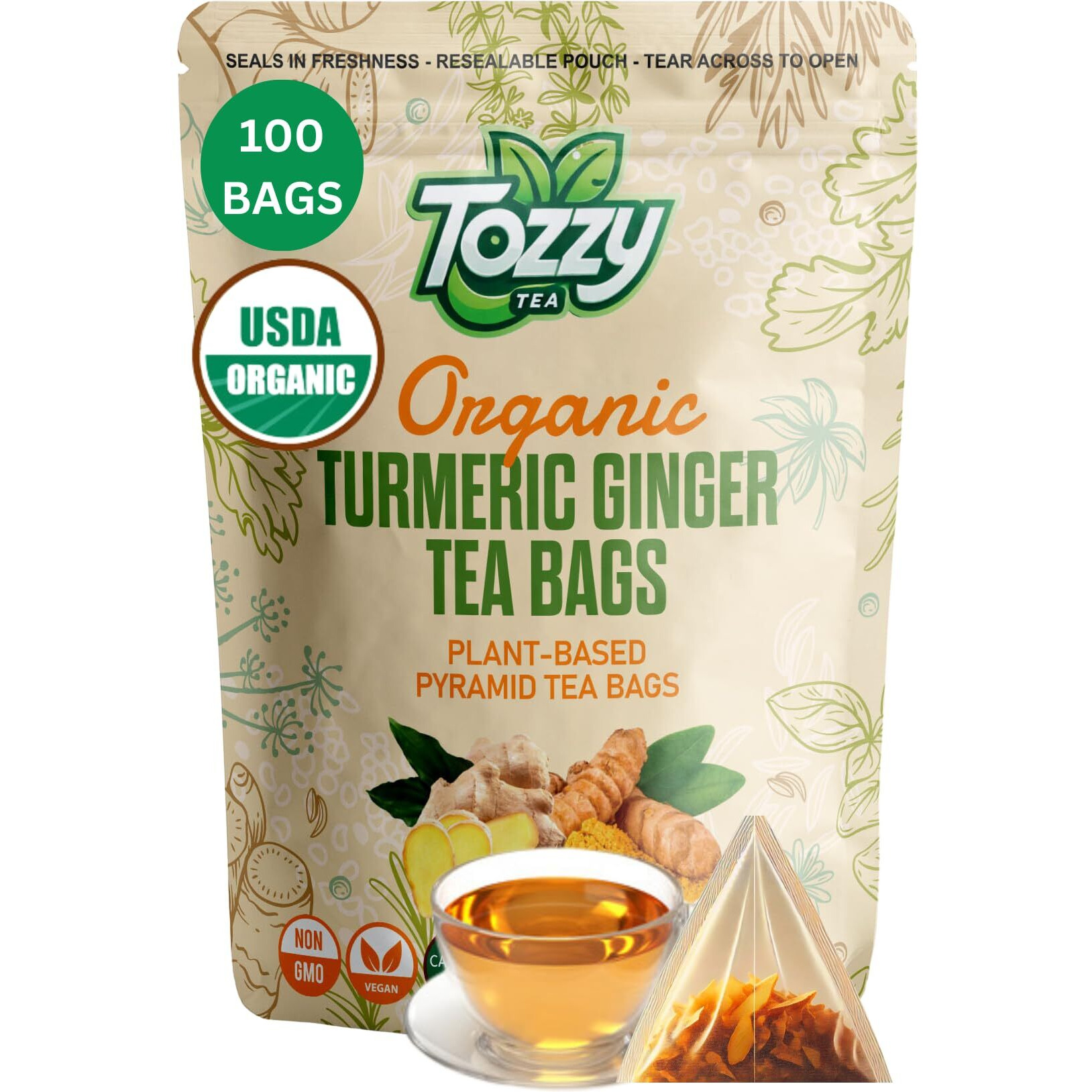 Tozzy Usda Organic Turmeric Ginger Tea - 100 Count (Pyramid Tea Bags) | Pure Plant-Based Ingredients | Eco-Conscious Packaging