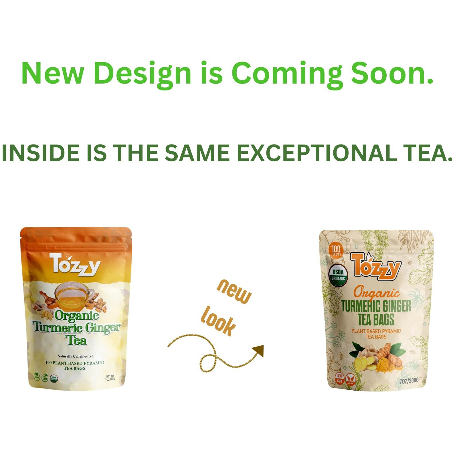 Tozzy Usda Organic Turmeric Ginger Tea - 100 Count (Pyramid Tea Bags) | Pure Plant-Based Ingredients | Eco-Conscious Packaging