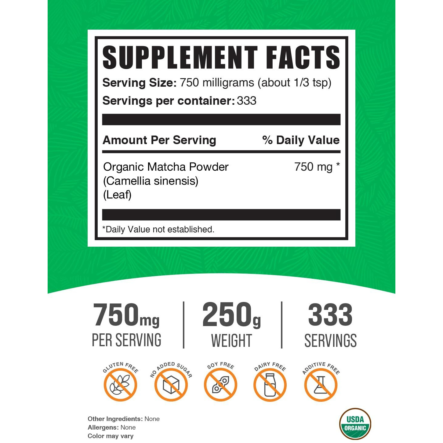 Bulksupplements.Com Organic Matcha Powder - Matcha Powder For Latte, Culinary Grade Matcha - Organic & Gluten Free, 750Mg Per Serving, 250G (8.8 Oz) (Pack Of 1)