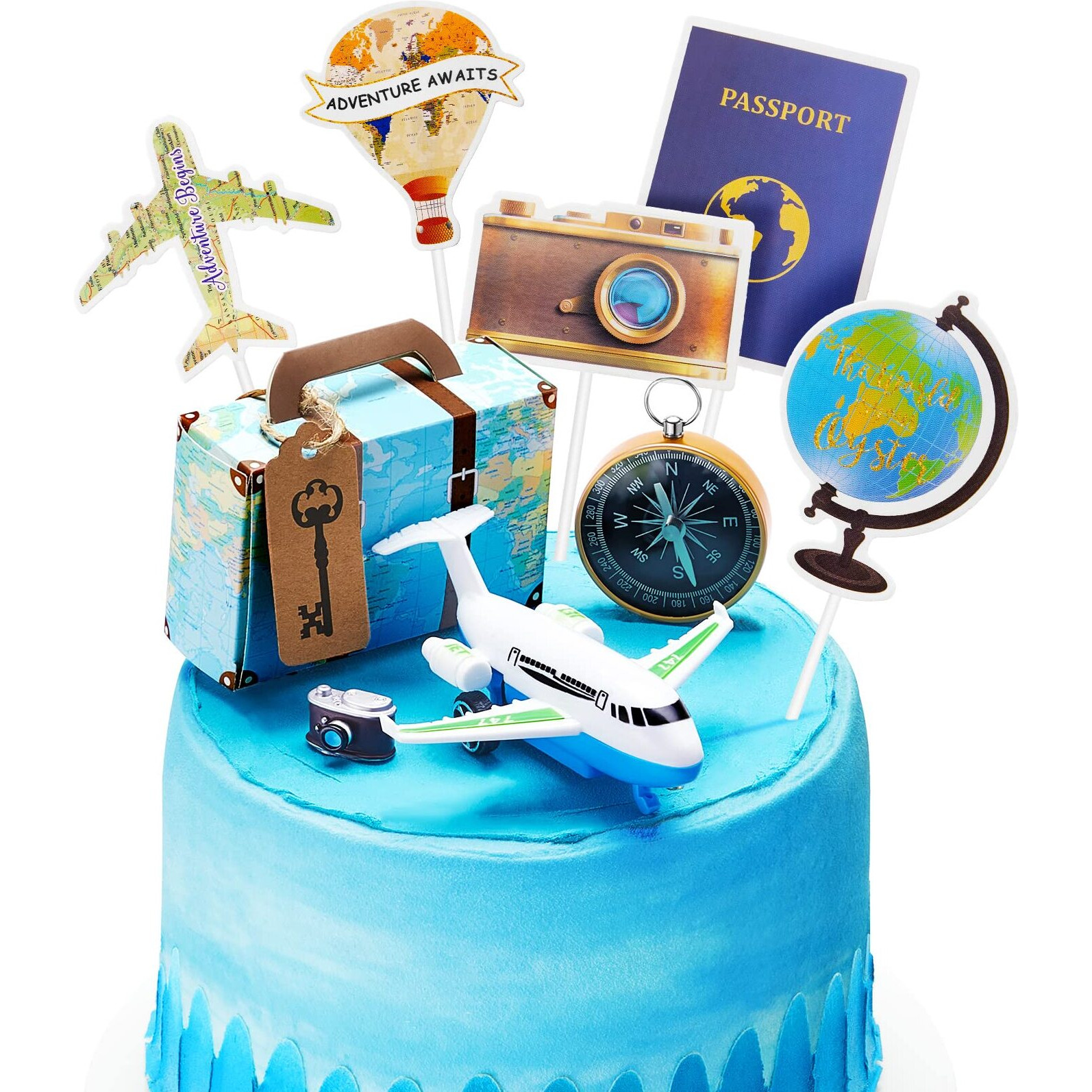 24 Pcs Travel Cake Topper Decorations Let The Adventure Begin Travel Theme Cupcake Toppers Mini Suitcase Airplane Cameras Miniature Compass For Birthday Baby Shower Travel Theme Party Decorations