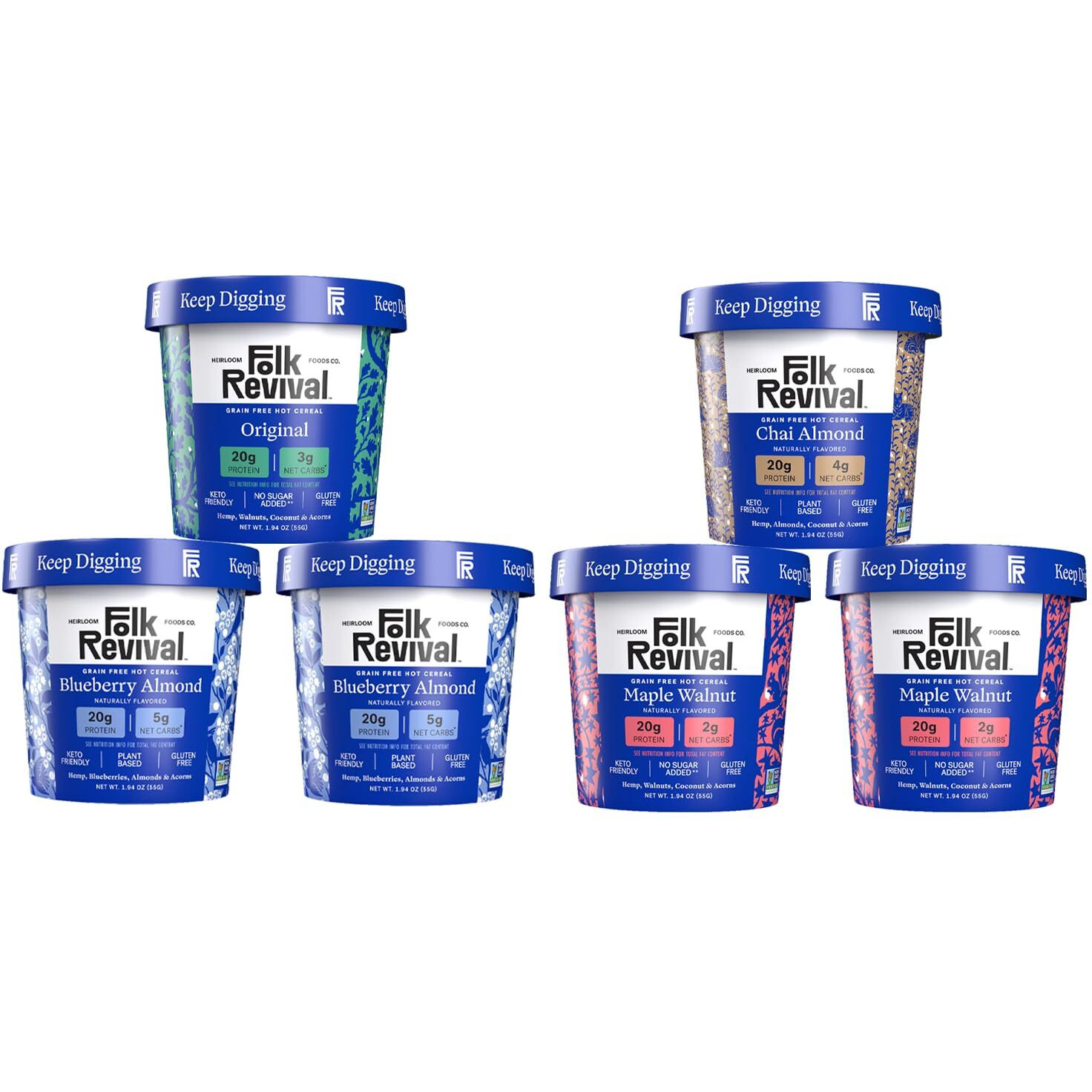 Folk Revival Keto Instant Oatmeal Variety Pack - 20G Of Protein, Low Carb, High Fiber, 2 Blueberry, 2 Maple Walnut, 1 Chai Almond, 1 Original - (6 Cups Per Case)