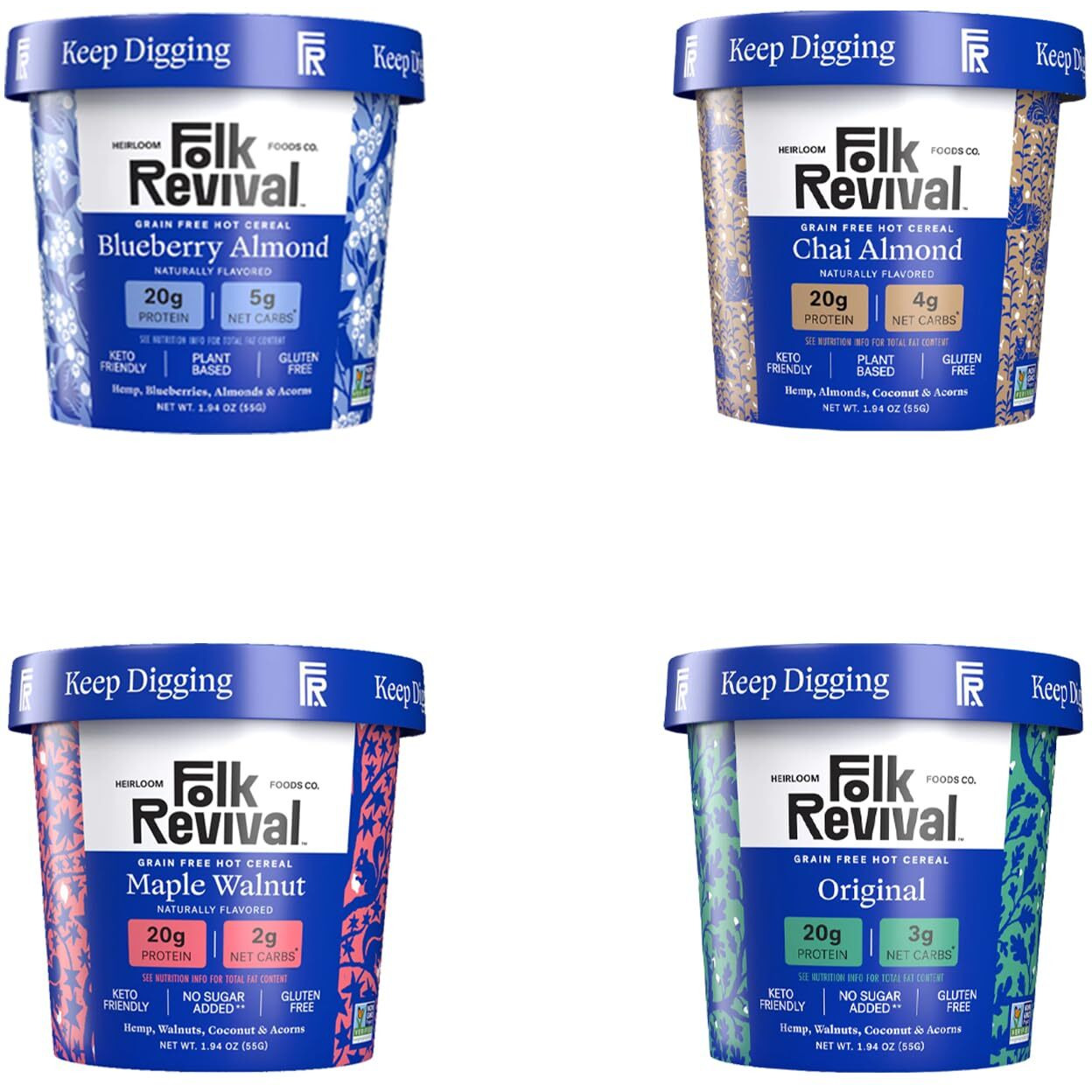 Folk Revival Keto Instant Oatmeal Variety Pack - 20G Of Protein, Low Carb, High Fiber, 2 Blueberry, 2 Maple Walnut, 1 Chai Almond, 1 Original - (6 Cups Per Case)
