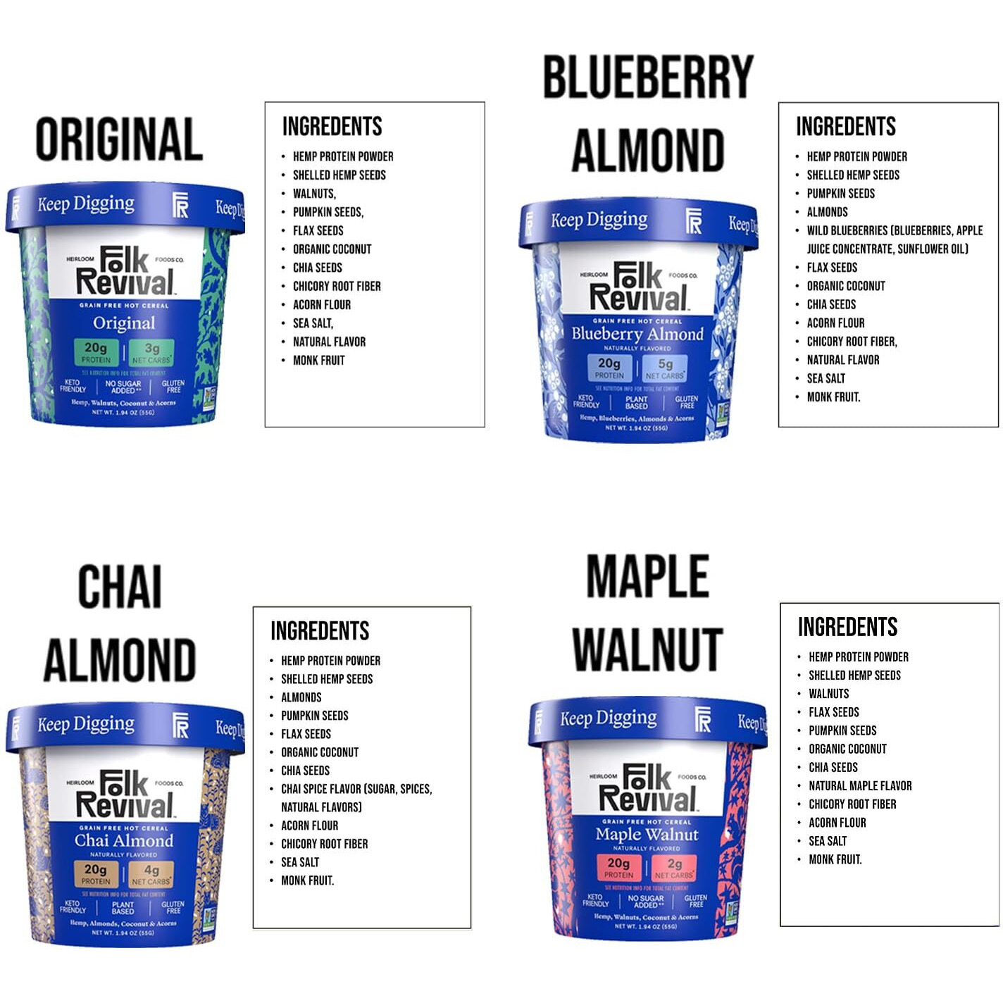 Folk Revival Keto Instant Oatmeal Variety Pack - 20G Of Protein, Low Carb, High Fiber, 2 Blueberry, 2 Maple Walnut, 1 Chai Almond, 1 Original - (6 Cups Per Case)