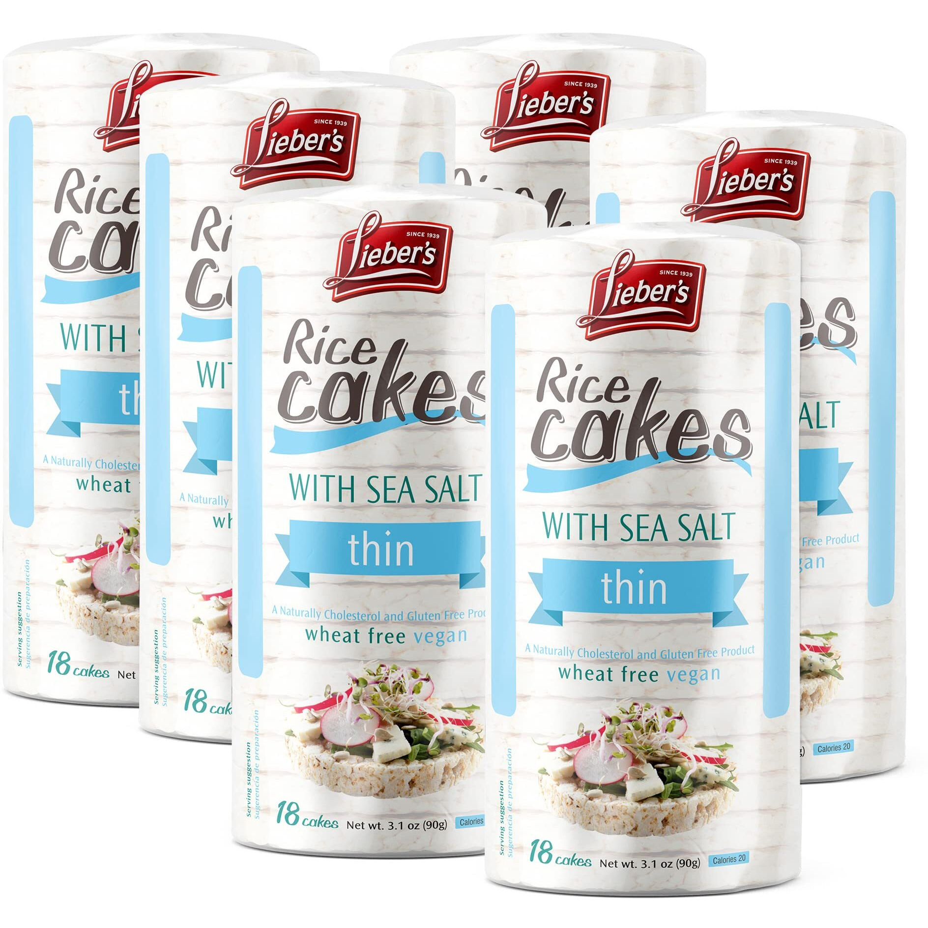 Lieber's Thin Rice Cakes, Kosher Certified Snack, Dairy Free, Wheat Free, Gluten Free, And Vegan Options (Sea Salt 6 Pack)