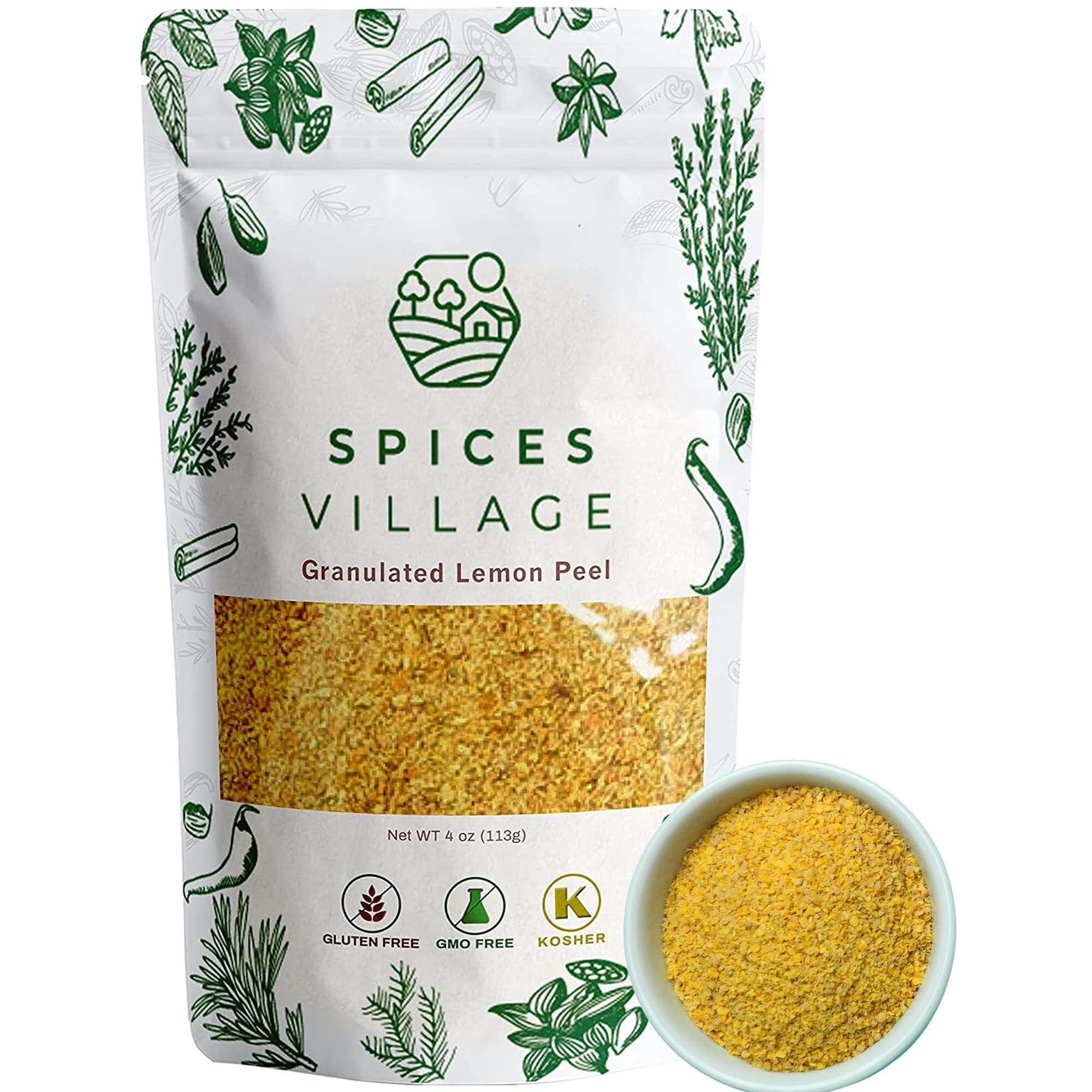 Spices Village Dried Lemon Peel Granules (4 Oz) - Lemon Zest, Fresh Lemon Rind, Citrus Fruit Seasoning For Cooking, Baking & Herb Tea - Kosher, Gluten Free, Non Gmo, Resealable Bulk Bag