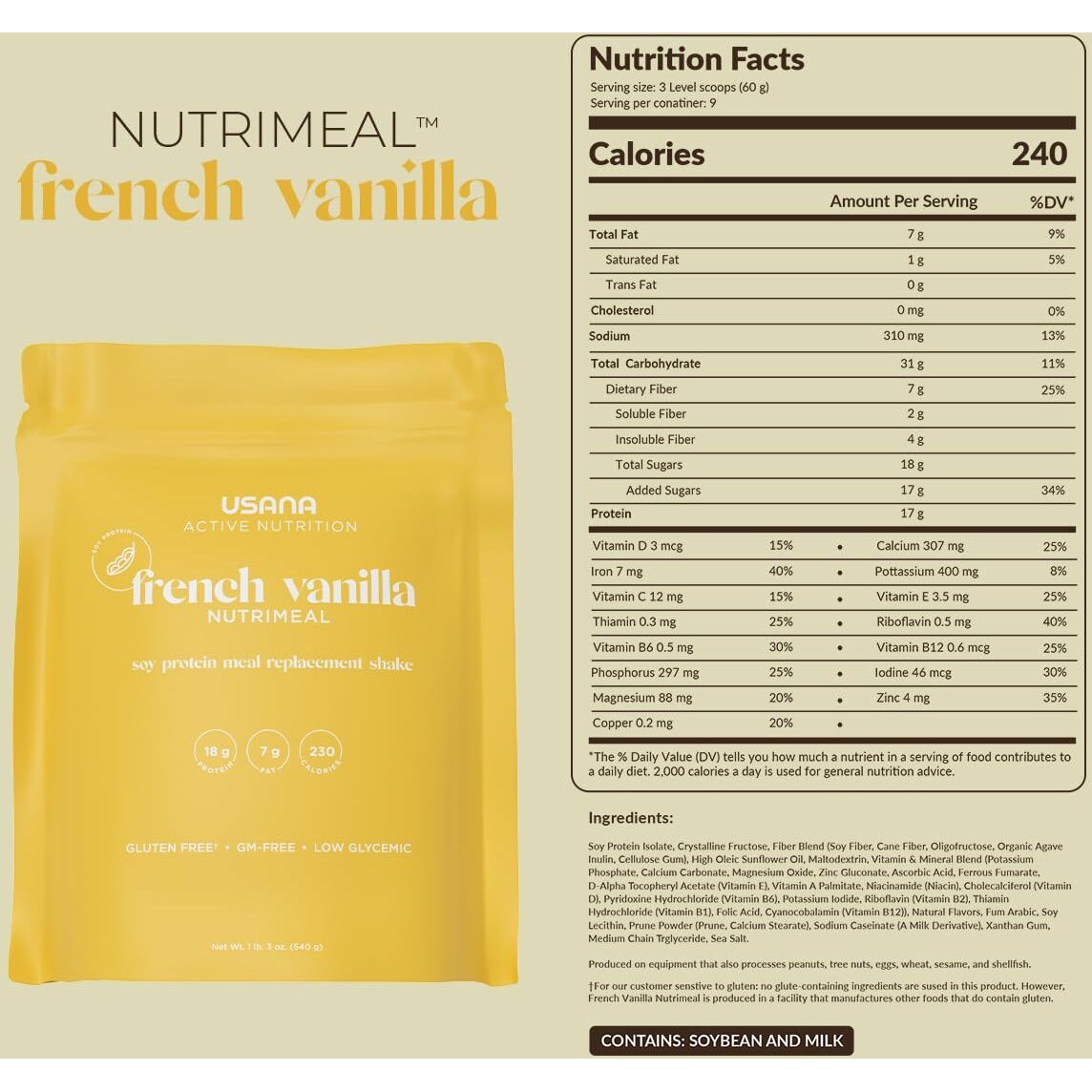 Usana Nutrimeal Meal Replacement Shake - French Vanilla - Non-Gmo - Gluten Free - Low Glycemic - 540 Grams - 9 Servings