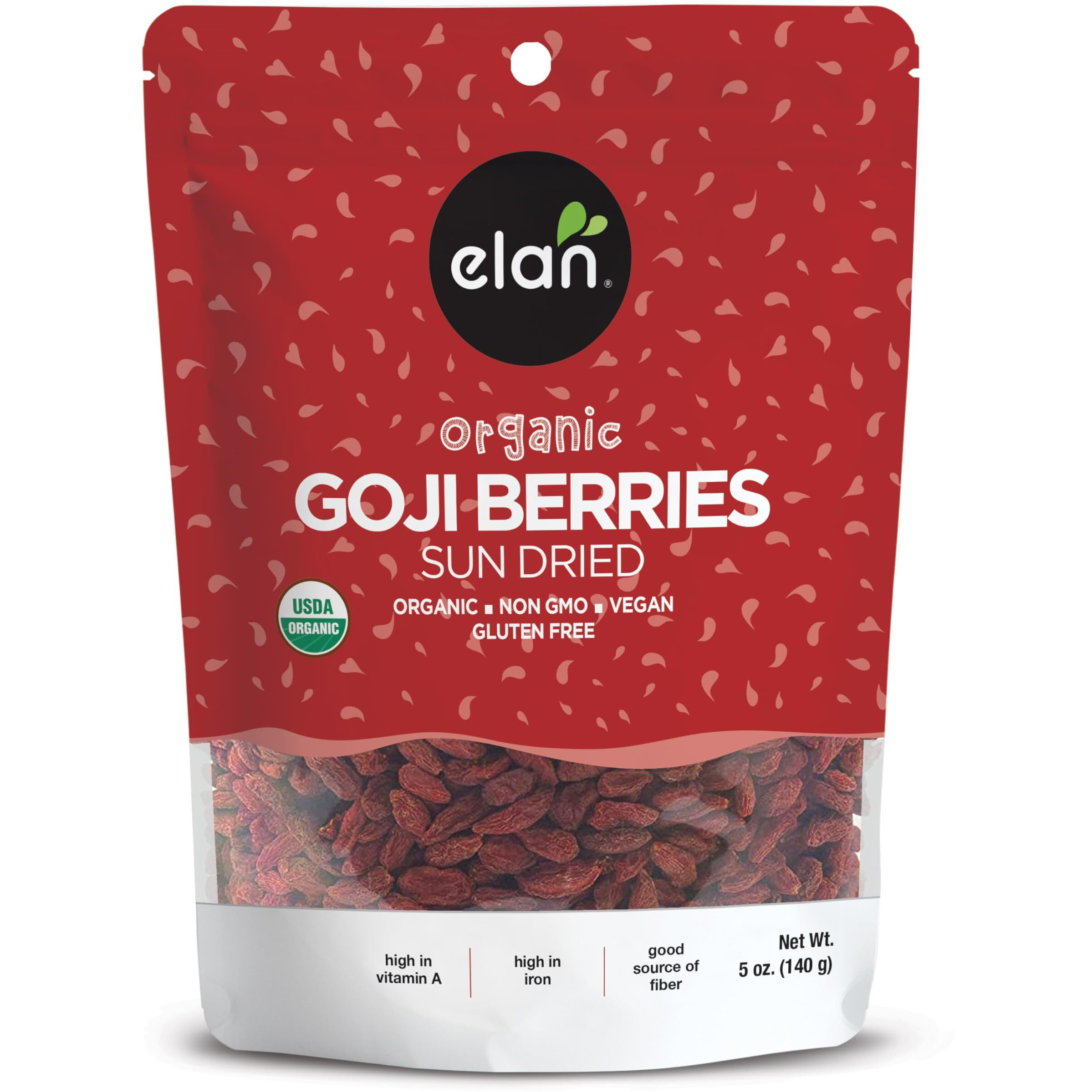 Elan Organic Dried Goji Berries, 4.9 Oz, Sulphite-Free, Non-Gmo, Vegan, Gluten-Free, Kosher, Wolfberries, Healthy Snacks, Dried Fruit Snacks, Superfood