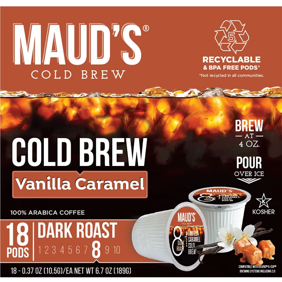 Maud's Vanilla Caramel Cold Brew Coffee Pods, 18 Ct | Cold Bew Vanilla Caramel Flavor | 100% Arabica Dark Roast Coffee | Solar Energy Produced Recyclable Pods Compatible With Keurig K Cups Maker