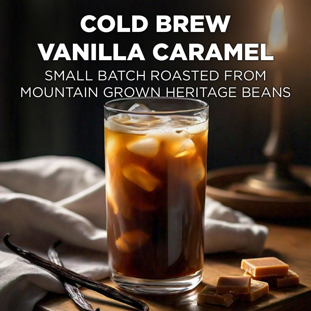 Maud's Vanilla Caramel Cold Brew Coffee Pods, 18 Ct | Cold Bew Vanilla Caramel Flavor | 100% Arabica Dark Roast Coffee | Solar Energy Produced Recyclable Pods Compatible With Keurig K Cups Maker