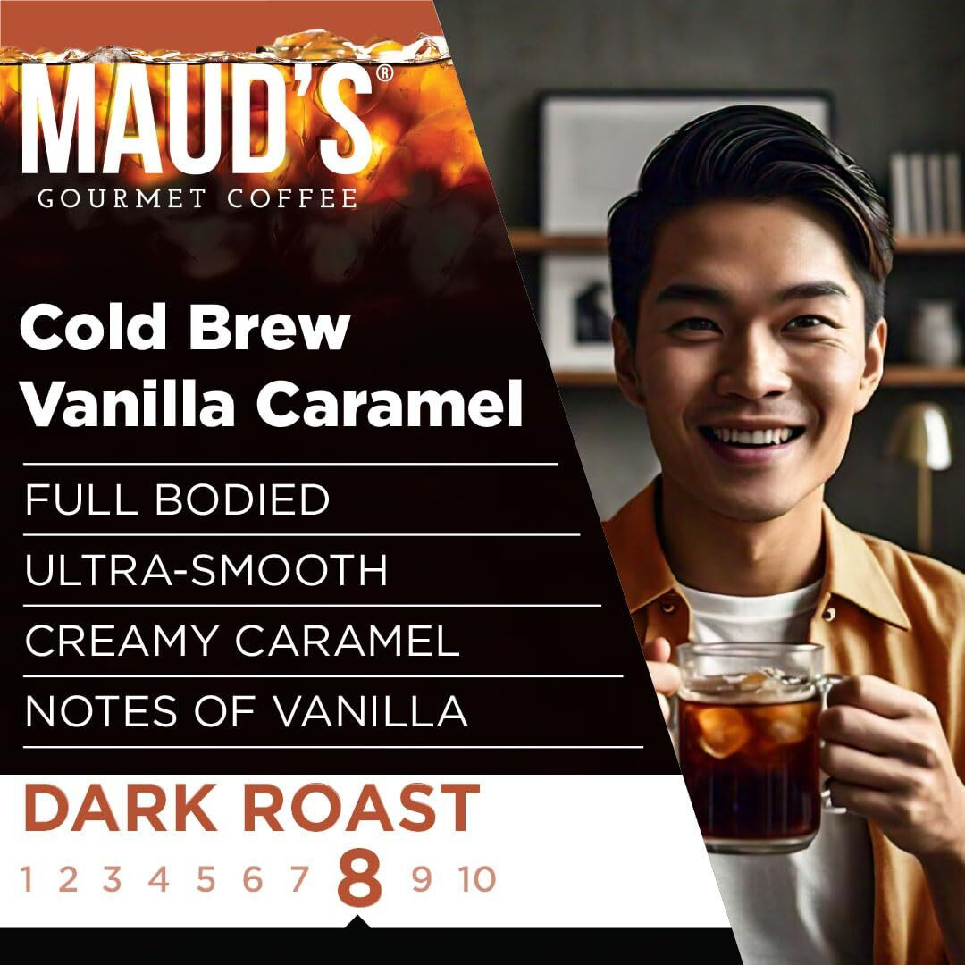 Maud's Vanilla Caramel Cold Brew Coffee Pods, 18 Ct | Cold Bew Vanilla Caramel Flavor | 100% Arabica Dark Roast Coffee | Solar Energy Produced Recyclable Pods Compatible With Keurig K Cups Maker