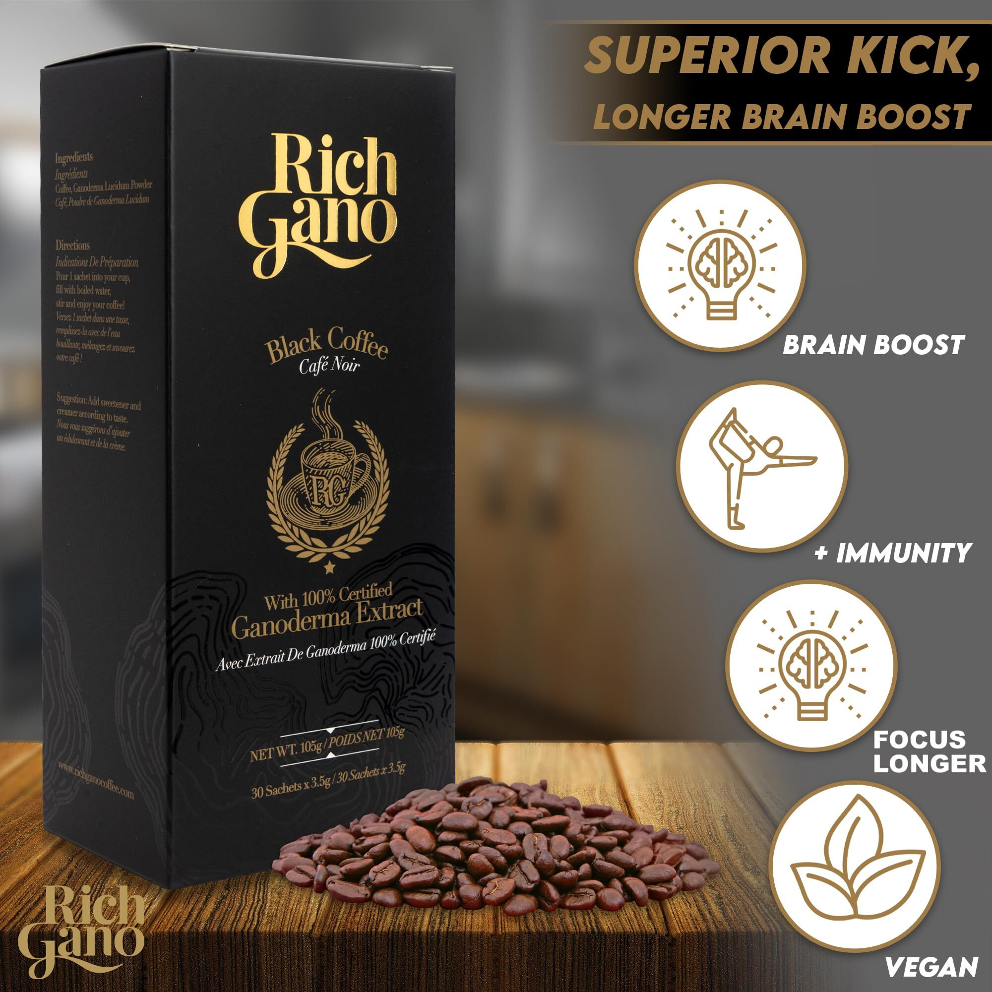 Rich Gano Reishi Mushroom Coffee - (1 Box Of 30 Sachets) Black Coffee With Ganoderma Extract - All Natural Vegan Friendly Instant Coffee Packets - Zero Jitters Immune Support
