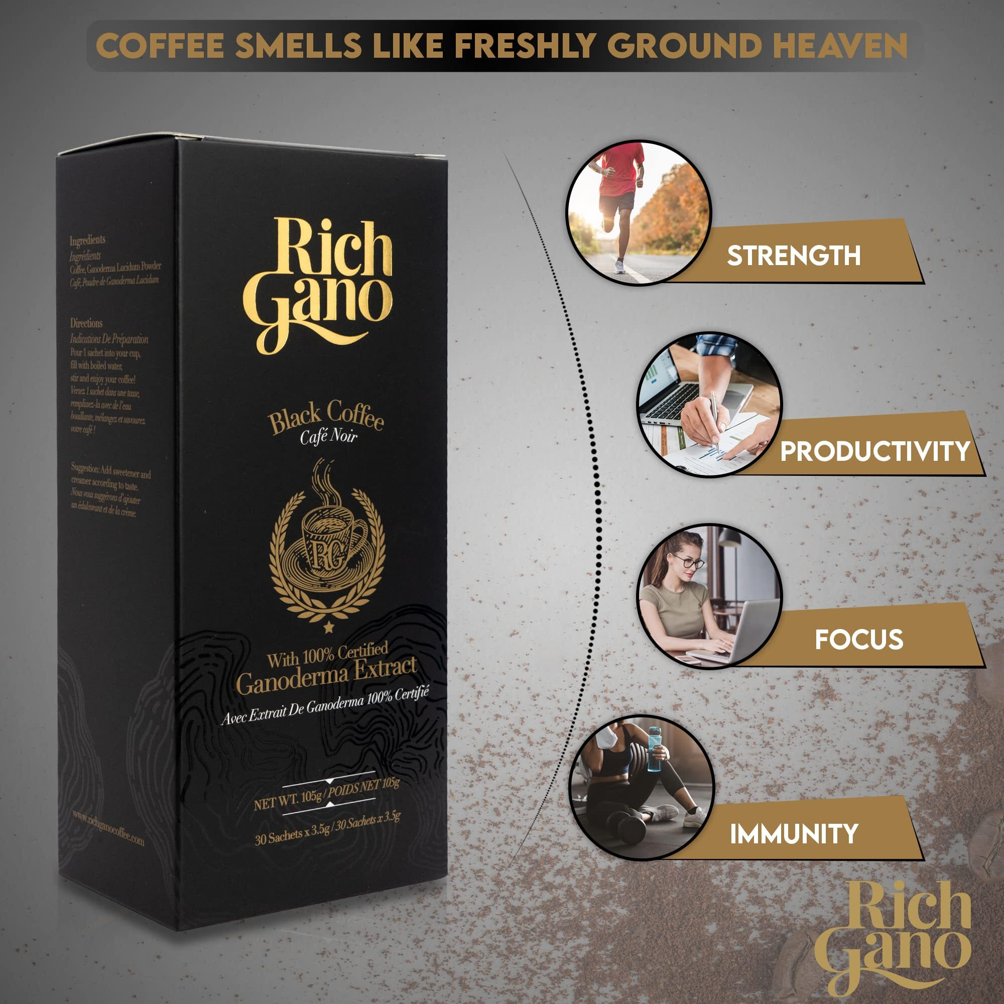 Rich Gano Reishi Mushroom Coffee - (1 Box Of 30 Sachets) Black Coffee With Ganoderma Extract - All Natural Vegan Friendly Instant Coffee Packets - Zero Jitters Immune Support