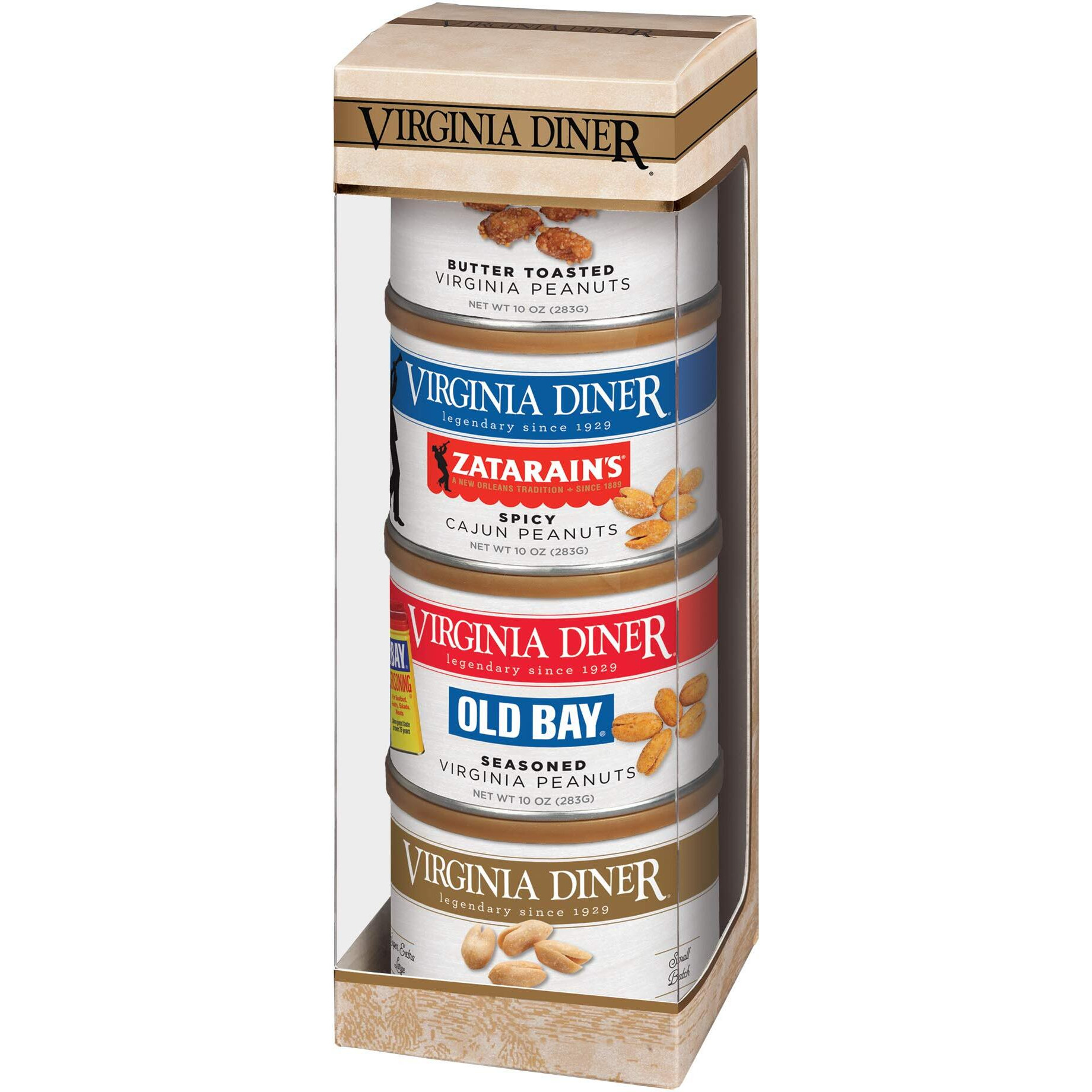 Virginia Diner - Tower Of Traditions Gift Set (Salted, Butter Toasted, Smoked Cajun, & Old Bay Seasoned Virginia Peanuts), Four 10 Ounce Tins