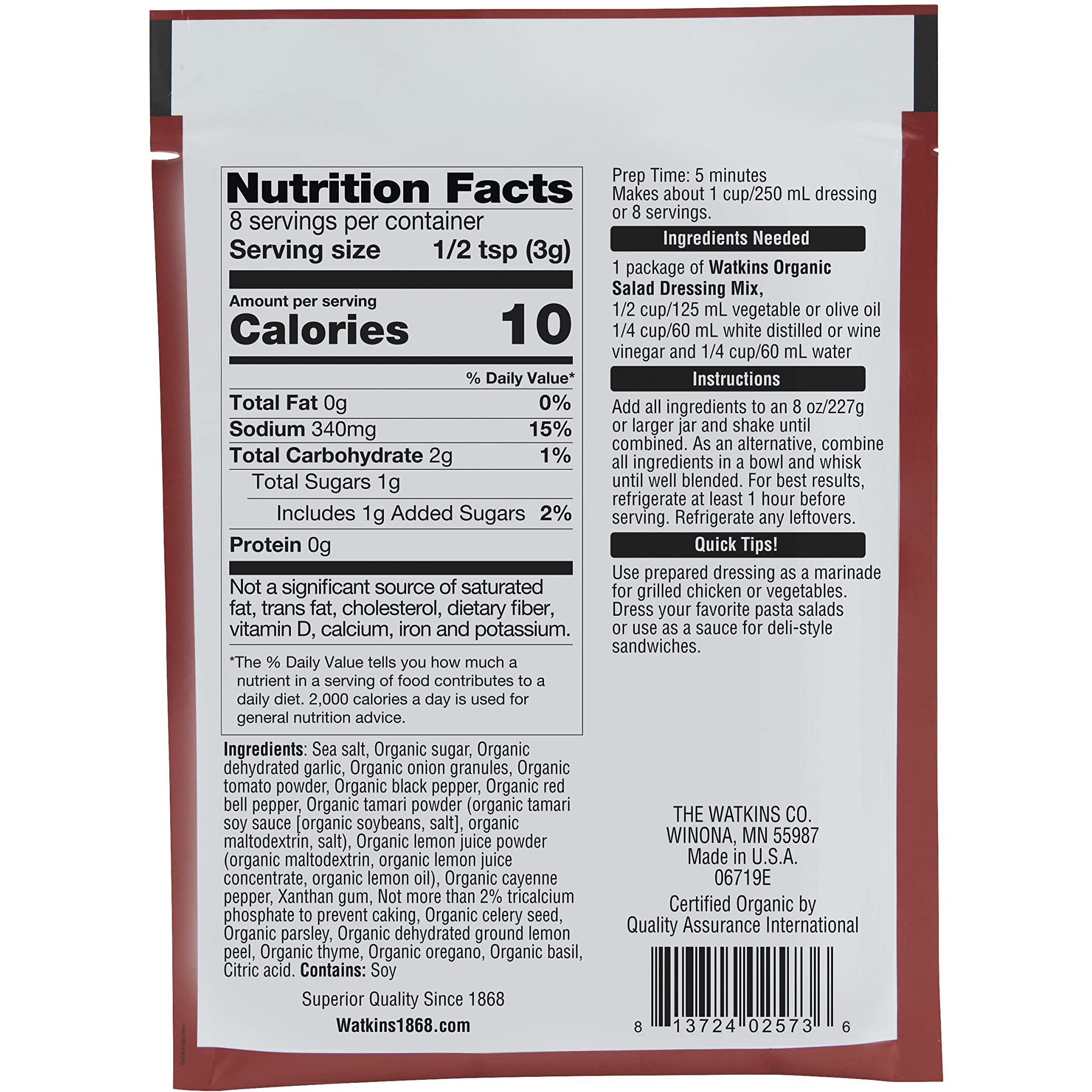 Watkins Organic Italian Salad Dressing Mix, 0.85 Oz. Packets, 12-Pack