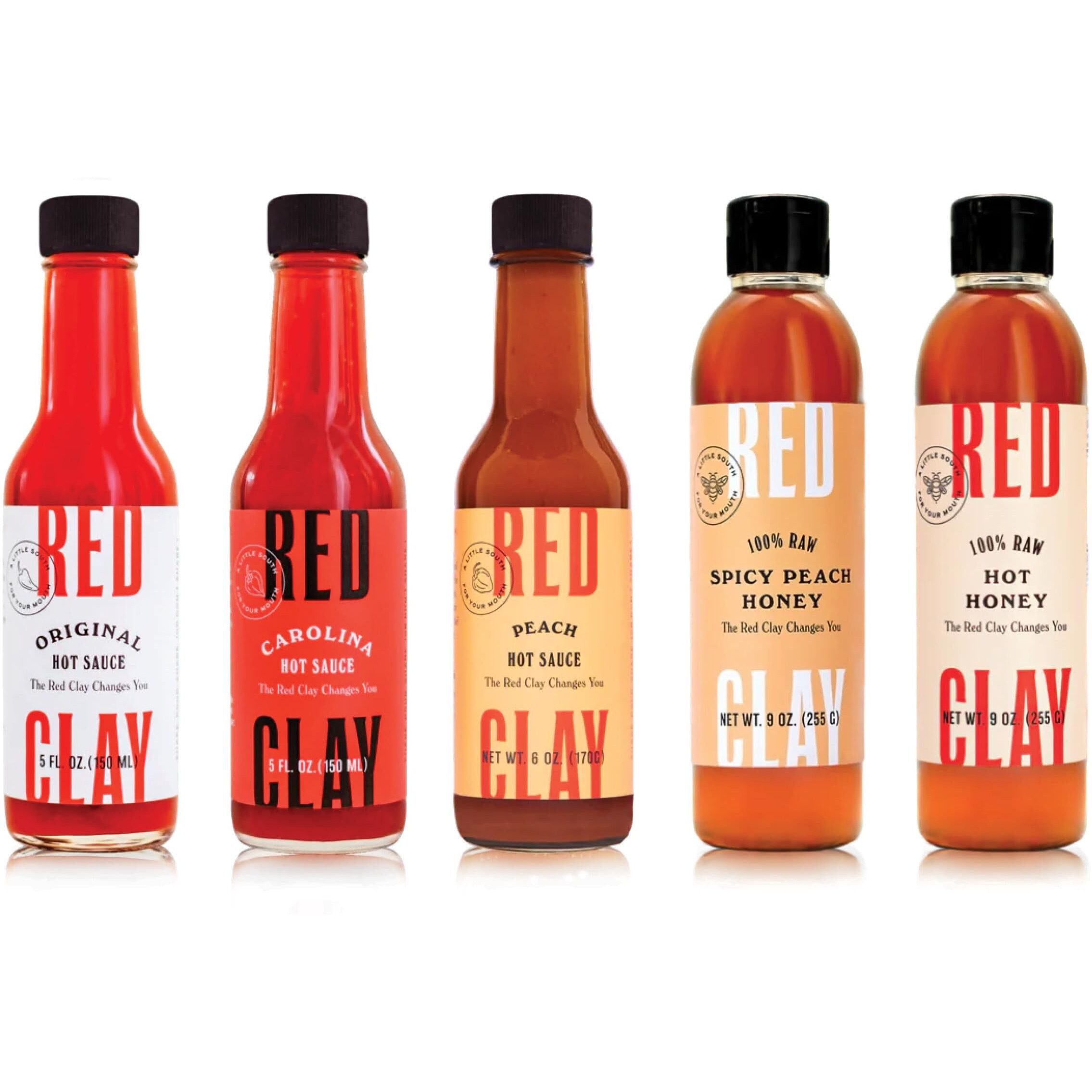 Red Clay Hot Sauce & Hot Honey, Whole Shebang Variety Pack (Original, Carolina Hot, Verde, Hot Honey And Southern Honey) Cold-Pressed, Fermented And Barrel-Aged Hot Sauces 100% Raw Honey, 5 Count