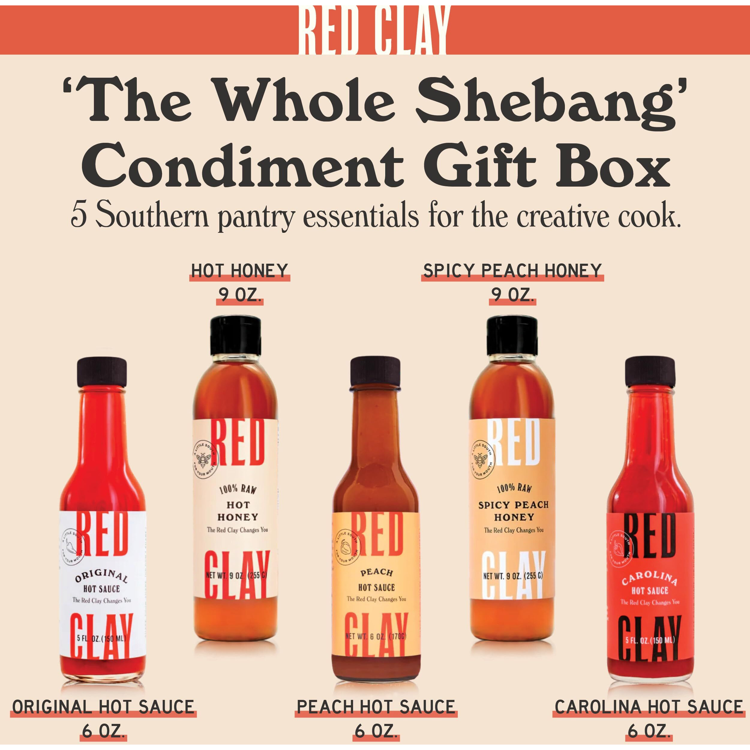 Red Clay Hot Sauce & Hot Honey, Whole Shebang Variety Pack (Original, Carolina Hot, Verde, Hot Honey And Southern Honey) Cold-Pressed, Fermented And Barrel-Aged Hot Sauces 100% Raw Honey, 5 Count