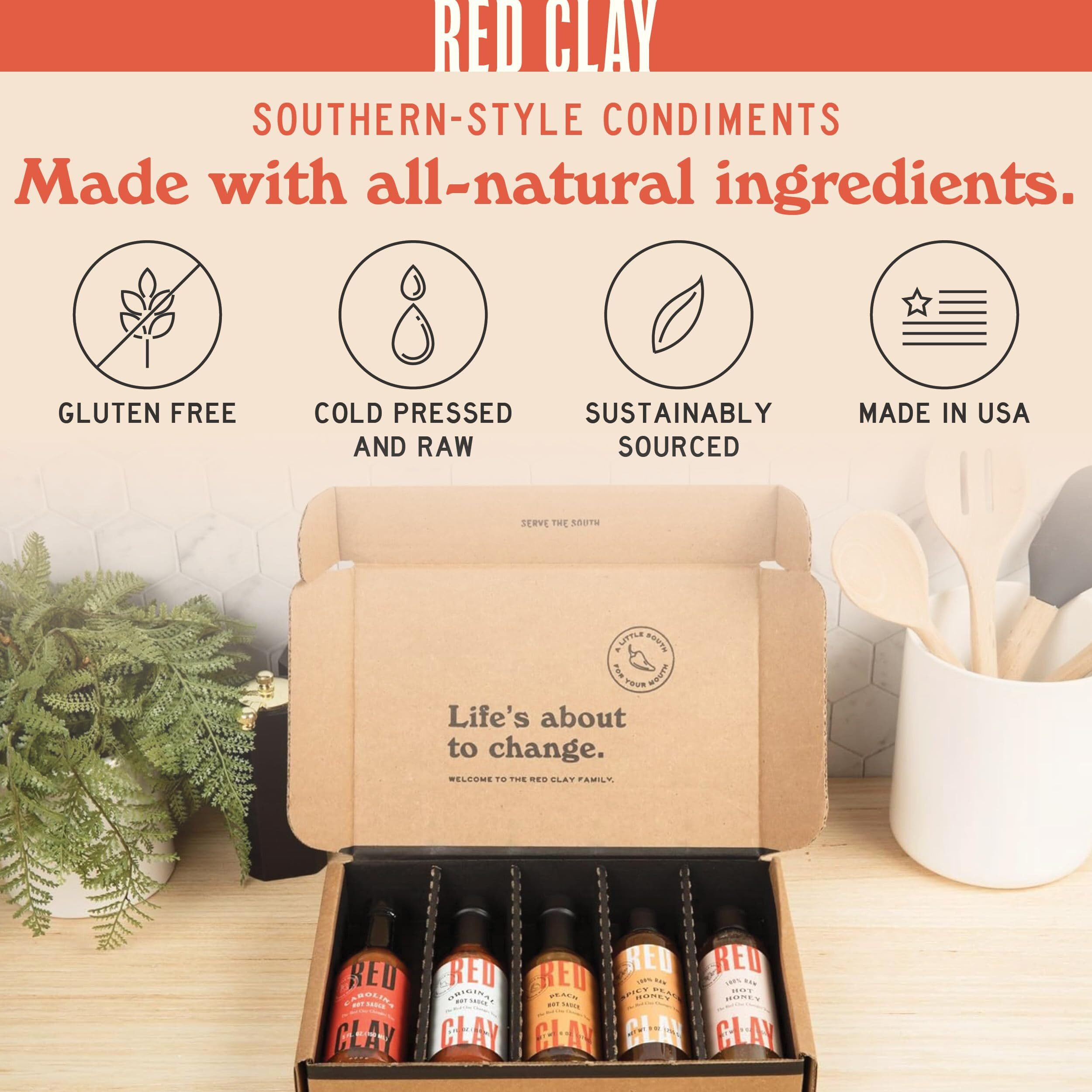 Red Clay Hot Sauce & Hot Honey, Whole Shebang Variety Pack (Original, Carolina Hot, Verde, Hot Honey And Southern Honey) Cold-Pressed, Fermented And Barrel-Aged Hot Sauces 100% Raw Honey, 5 Count