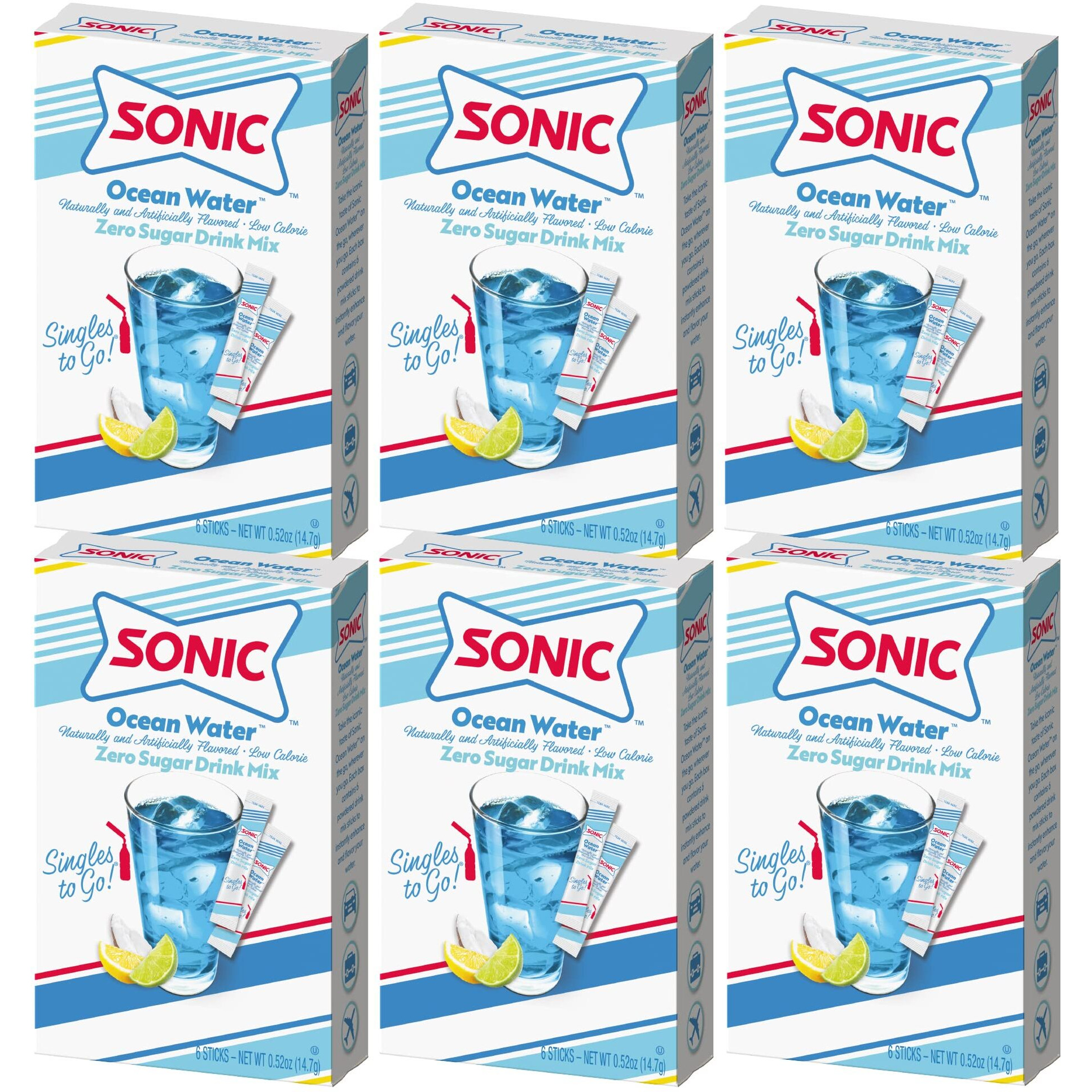 Sonic Singles To Go Powdered Drink Mix, Ocean Water, 6 Sticks Per Box, 6 Boxes Included (36 Sticks Total)