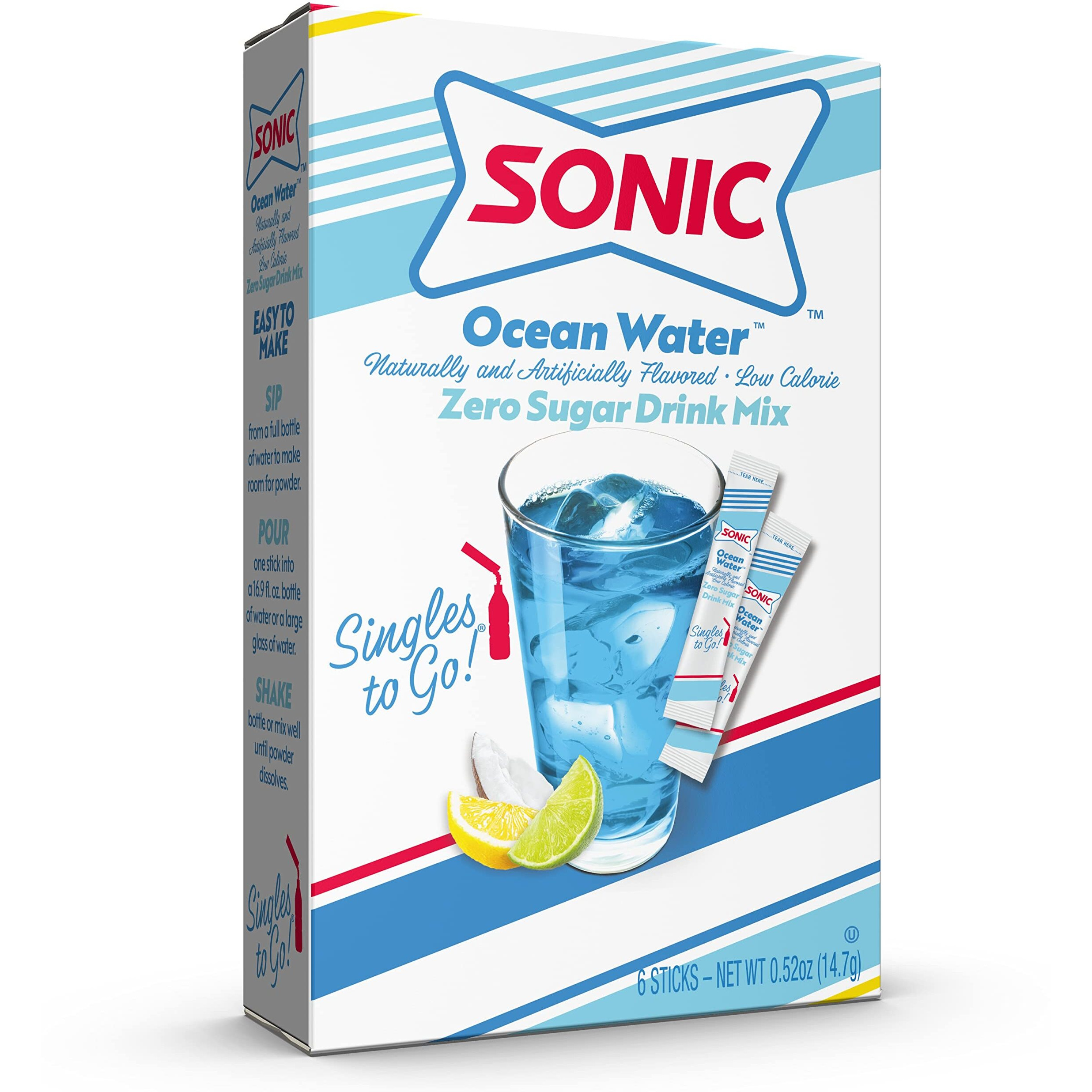 Sonic Singles To Go Powdered Drink Mix, Ocean Water, 6 Sticks Per Box, 6 Boxes Included (36 Sticks Total)