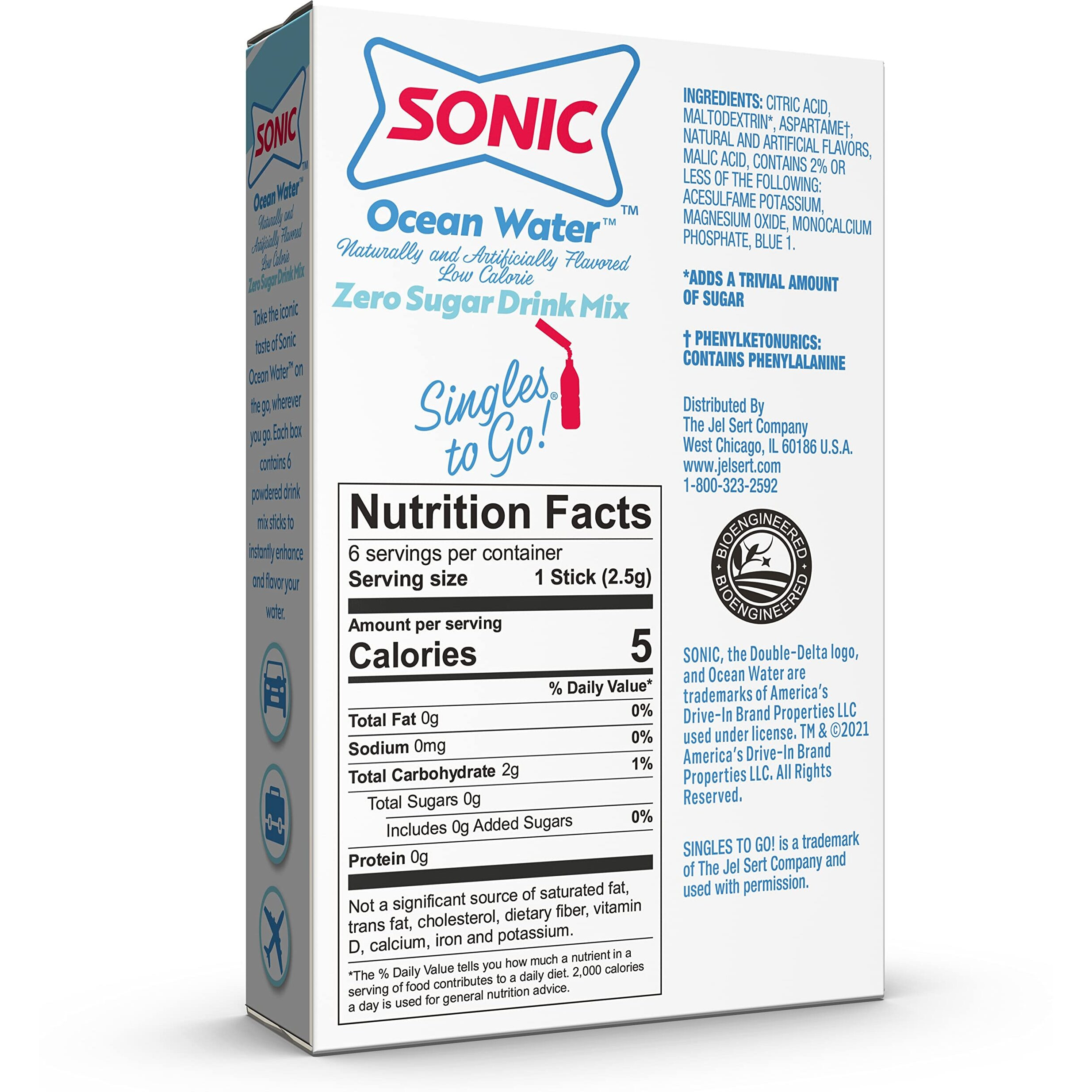 Sonic Singles To Go Powdered Drink Mix, Ocean Water, 6 Sticks Per Box, 6 Boxes Included (36 Sticks Total)